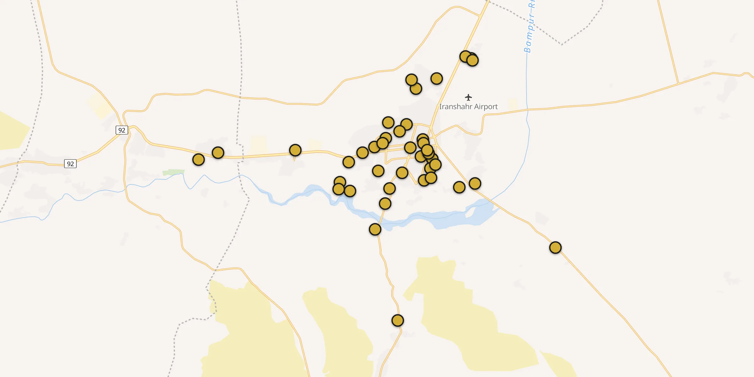 Plan des mosquées à Iranshahr : cliquez sur un point pour voir la fiche