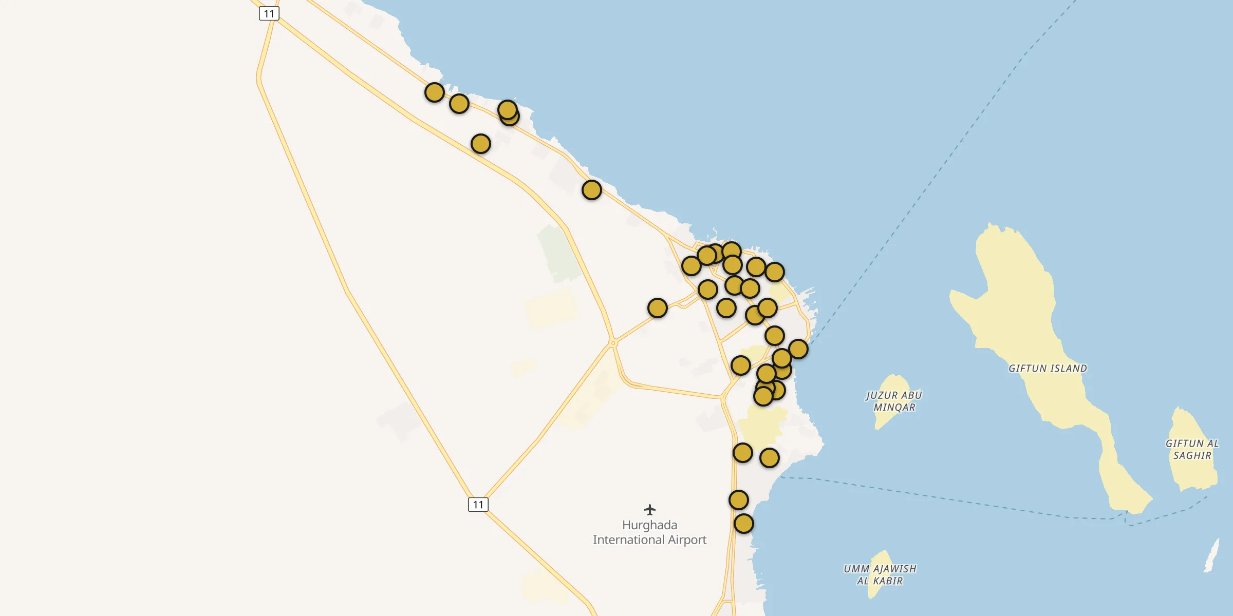 Plan des mosquées à Hurghada : cliquez sur un point pour voir la fiche