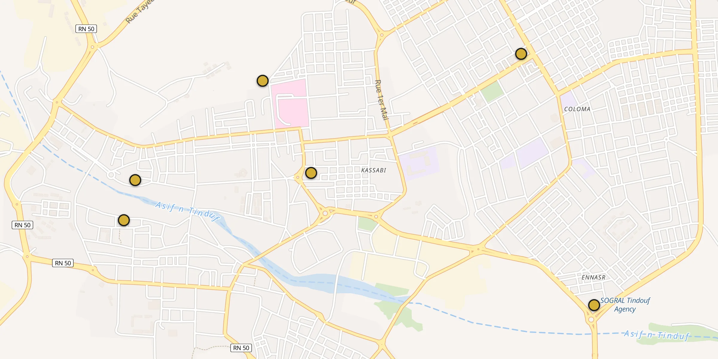Plan des mosquées à Tindouf : cliquez sur un point pour voir la fiche