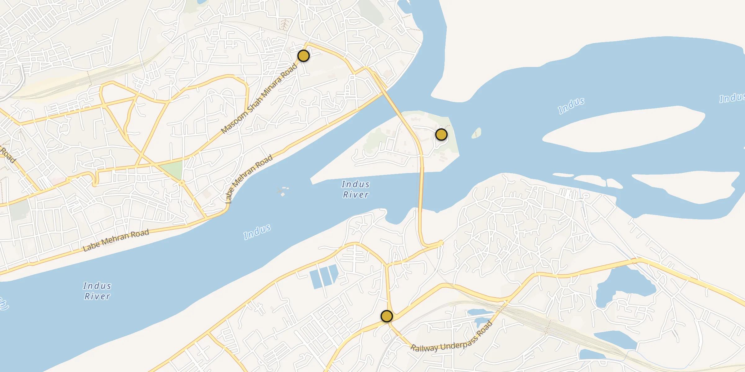 Plan des mosquées à Rohri : cliquez sur un point pour voir la fiche