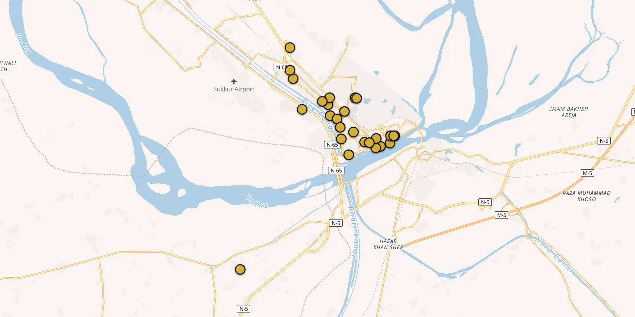 Plan des mosquées à Sukkur : cliquez sur un point pour voir la fiche