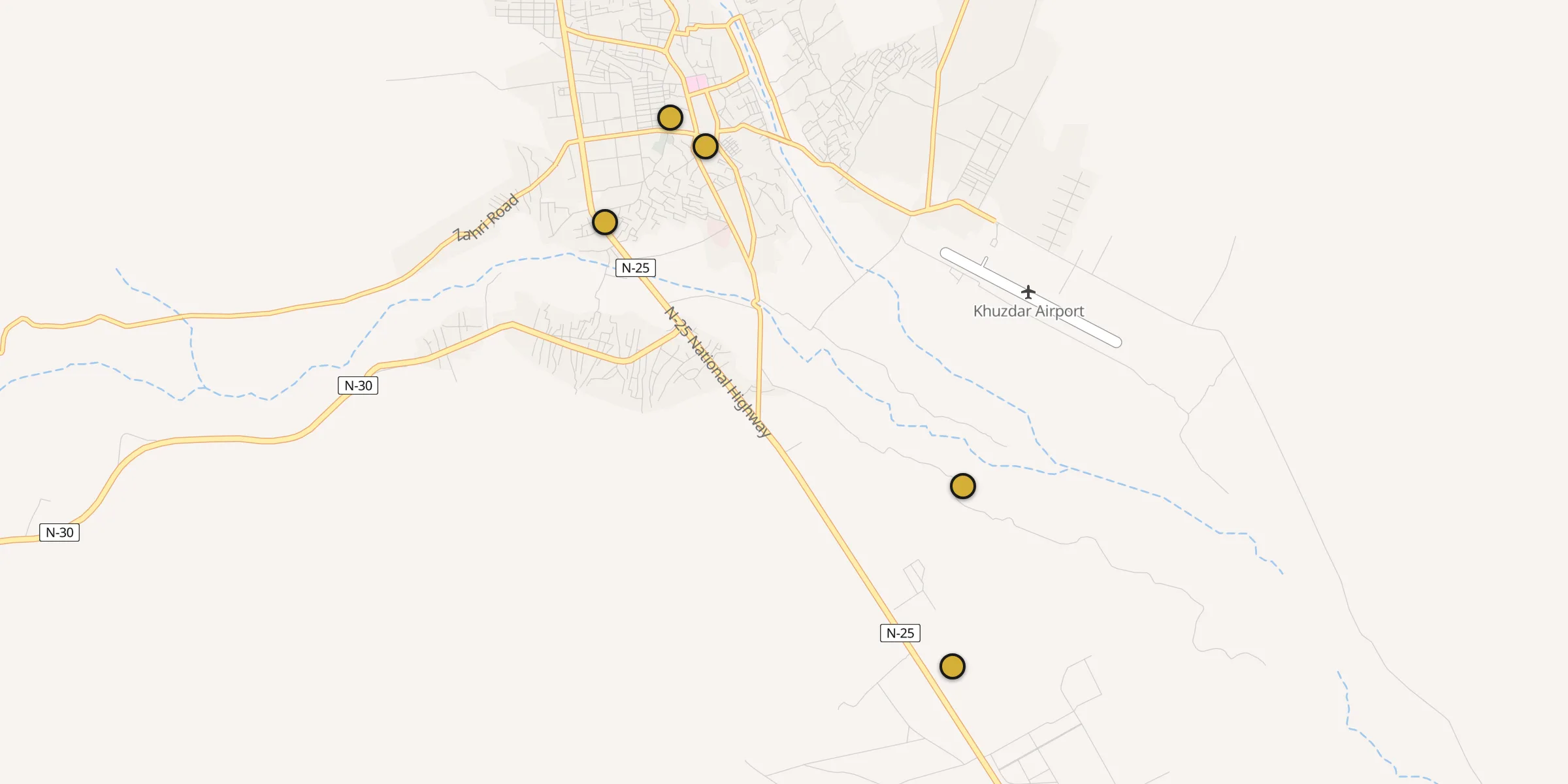 Plan des mosquées à Khuzdar : cliquez sur un point pour voir la fiche