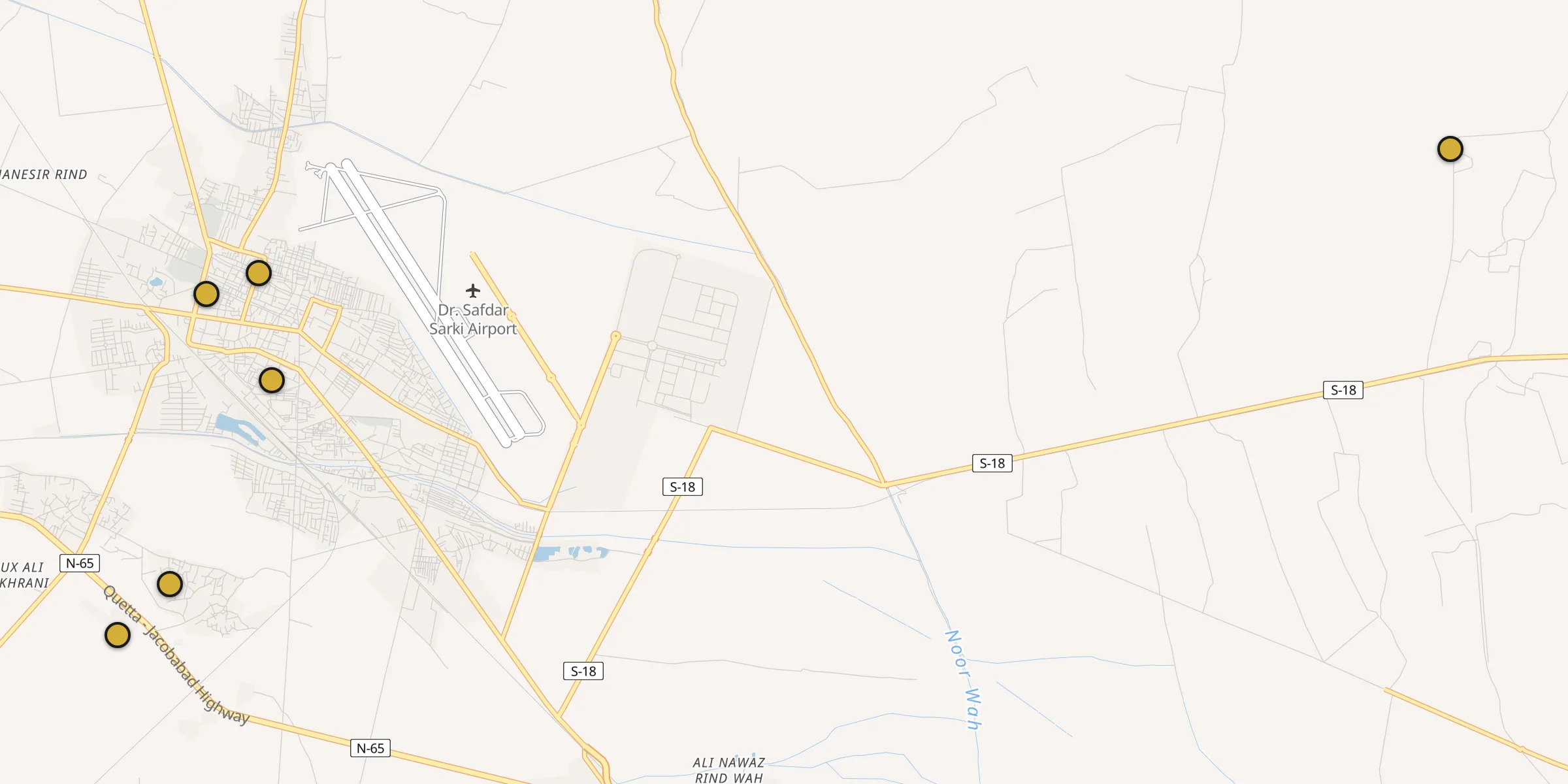 Plan des mosquées à Jacobabad : cliquez sur un point pour voir la fiche