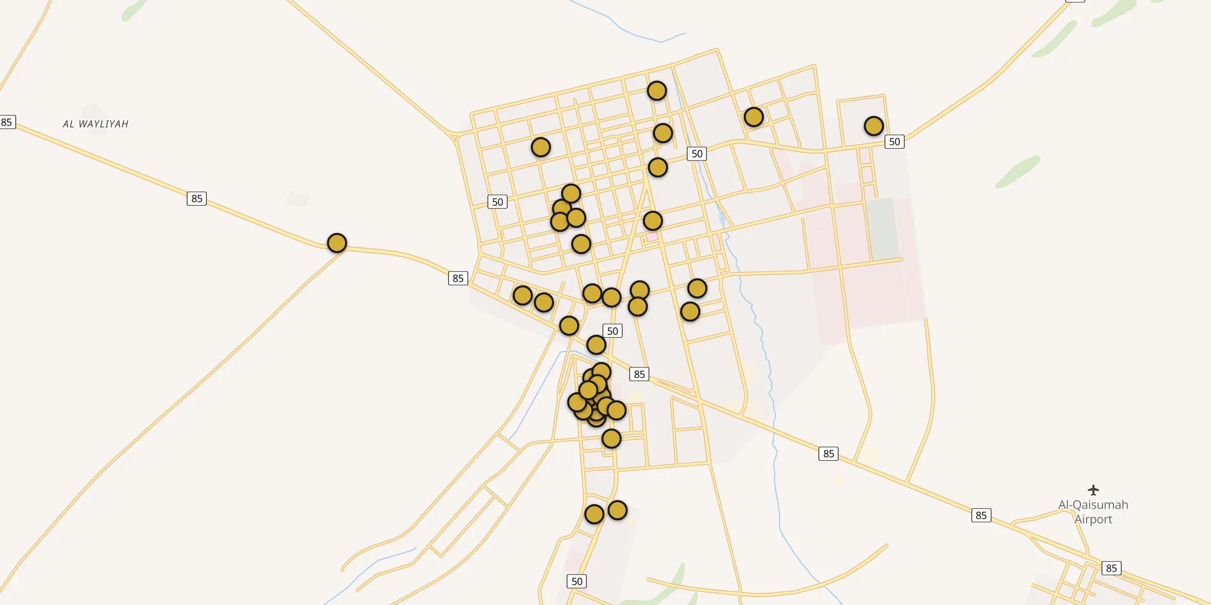 Plan des mosquées à Hafar Al-Batin : cliquez sur un point pour voir la fiche