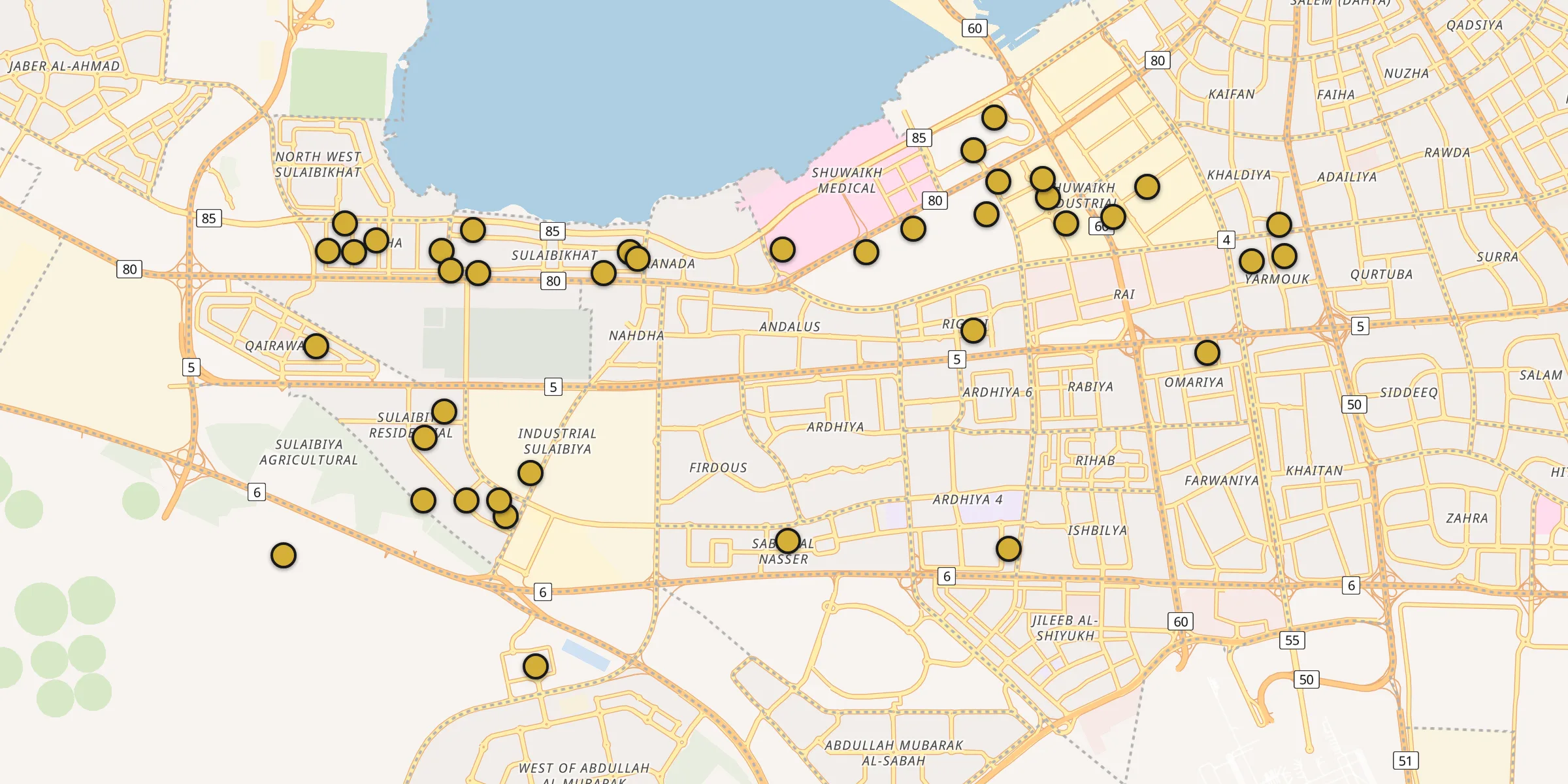 Plan des mosquées à Ar Rābiyah : cliquez sur un point pour voir la fiche