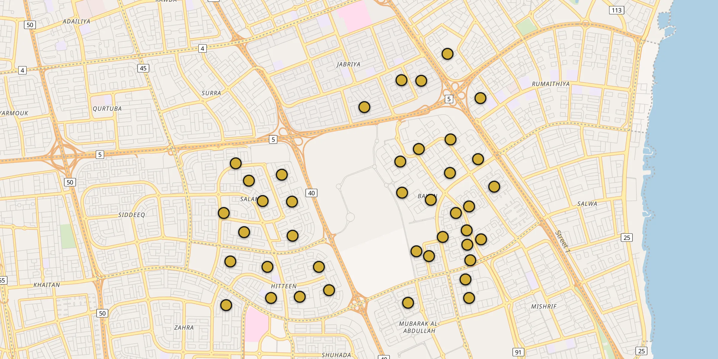 Plan des mosquées à Bayān : cliquez sur un point pour voir la fiche