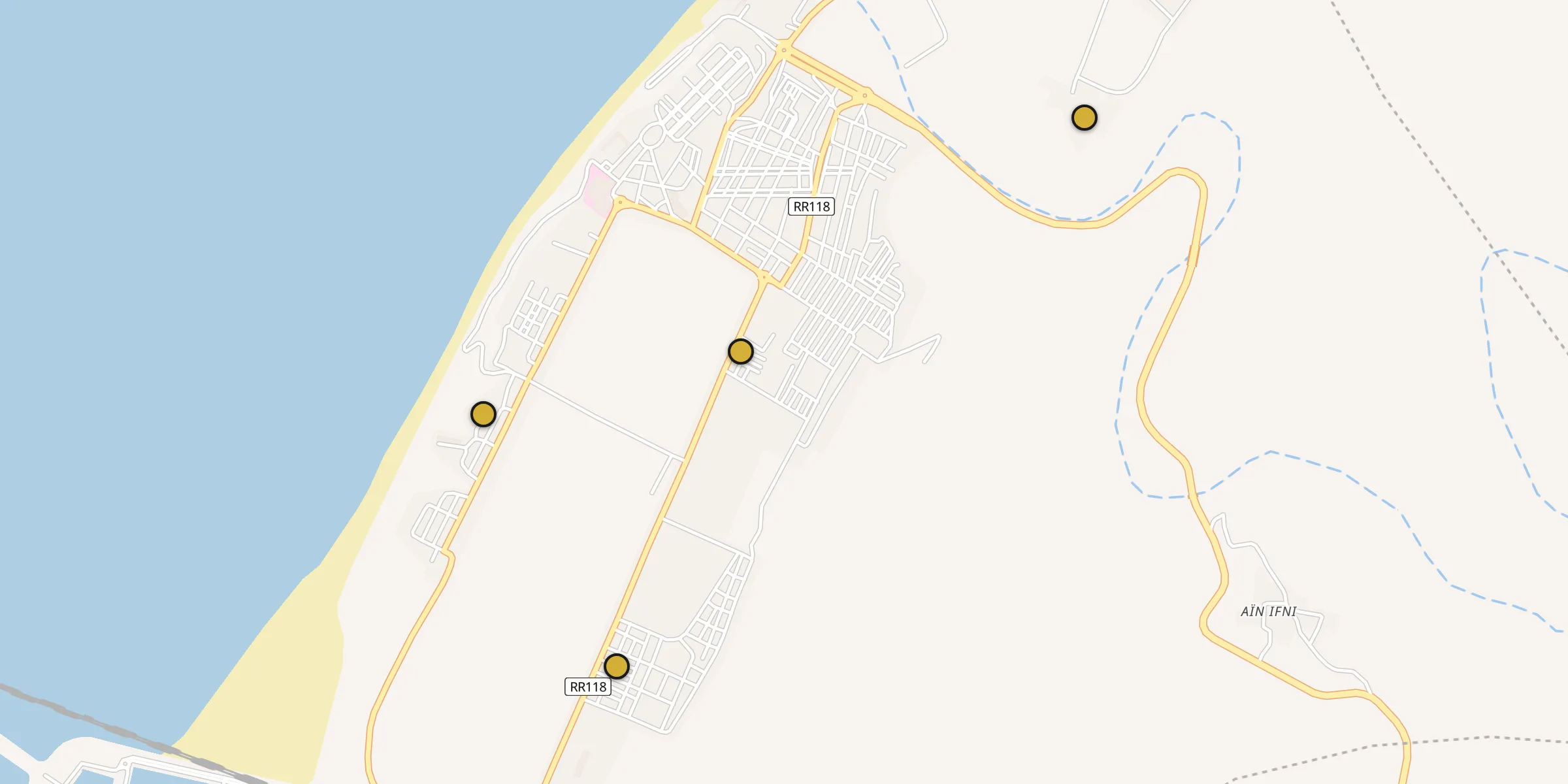 Plan des mosquées à Sidi Ifni : cliquez sur un point pour voir la fiche