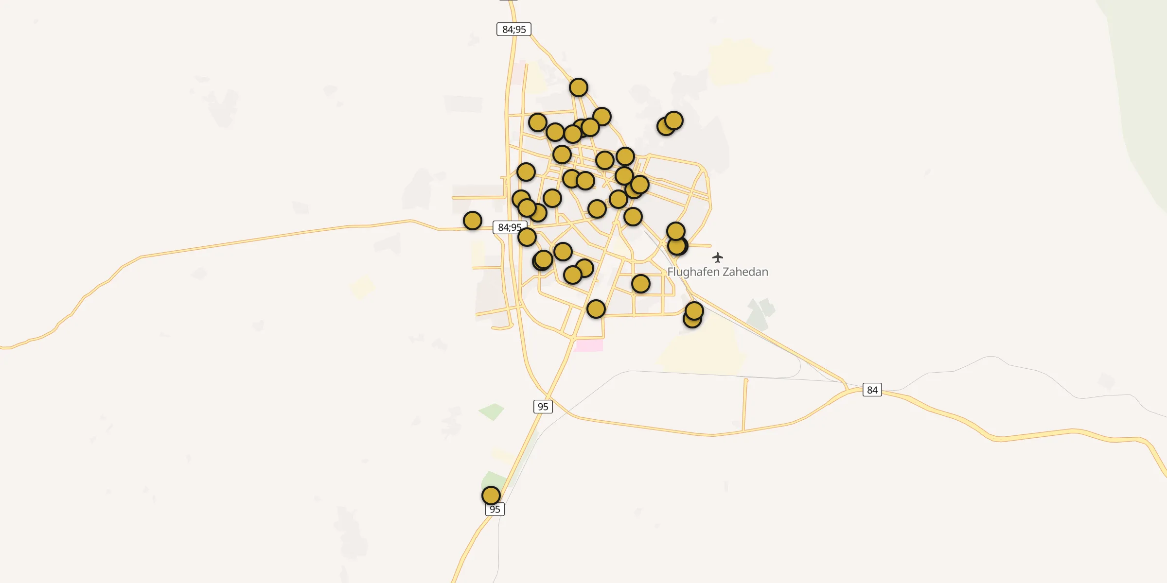 Plan des mosquées à Zahedan : cliquez sur un point pour voir la fiche