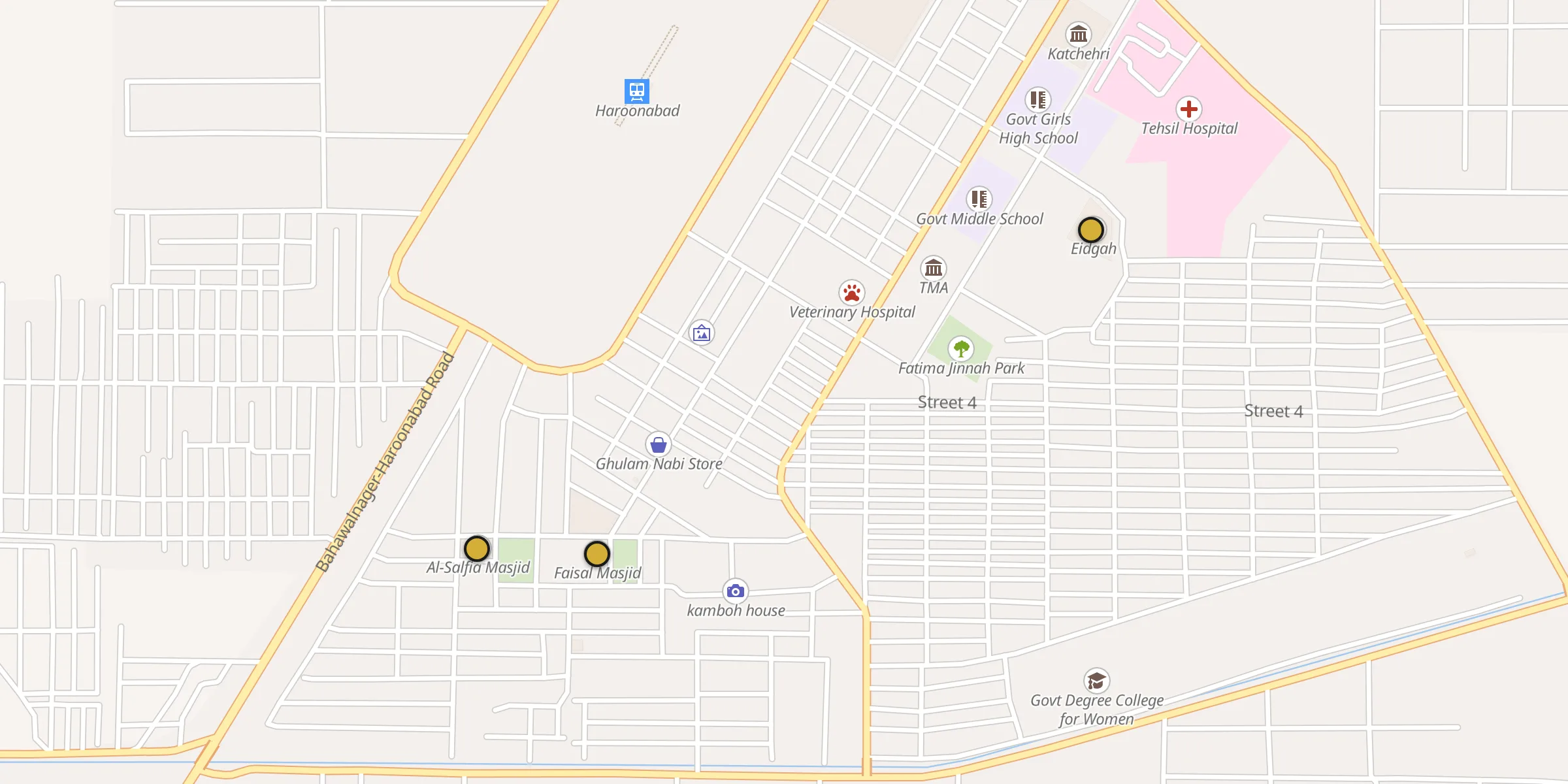 Plan des mosquées à Harunabad : cliquez sur un point pour voir la fiche