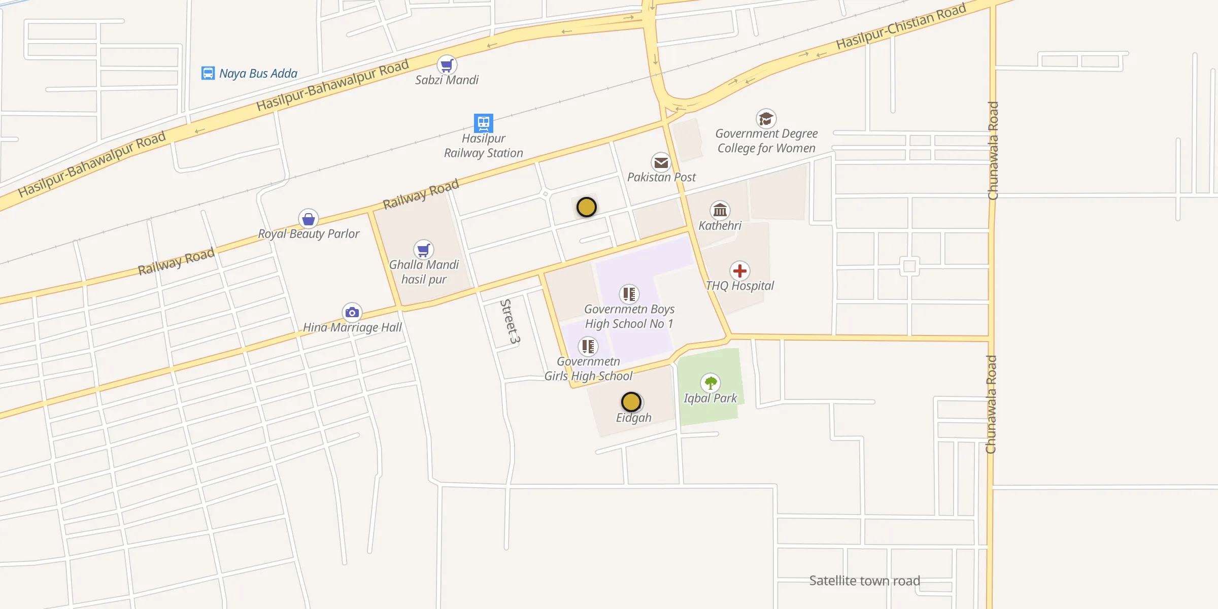 Plan des mosquées à Hasilpur : cliquez sur un point pour voir la fiche