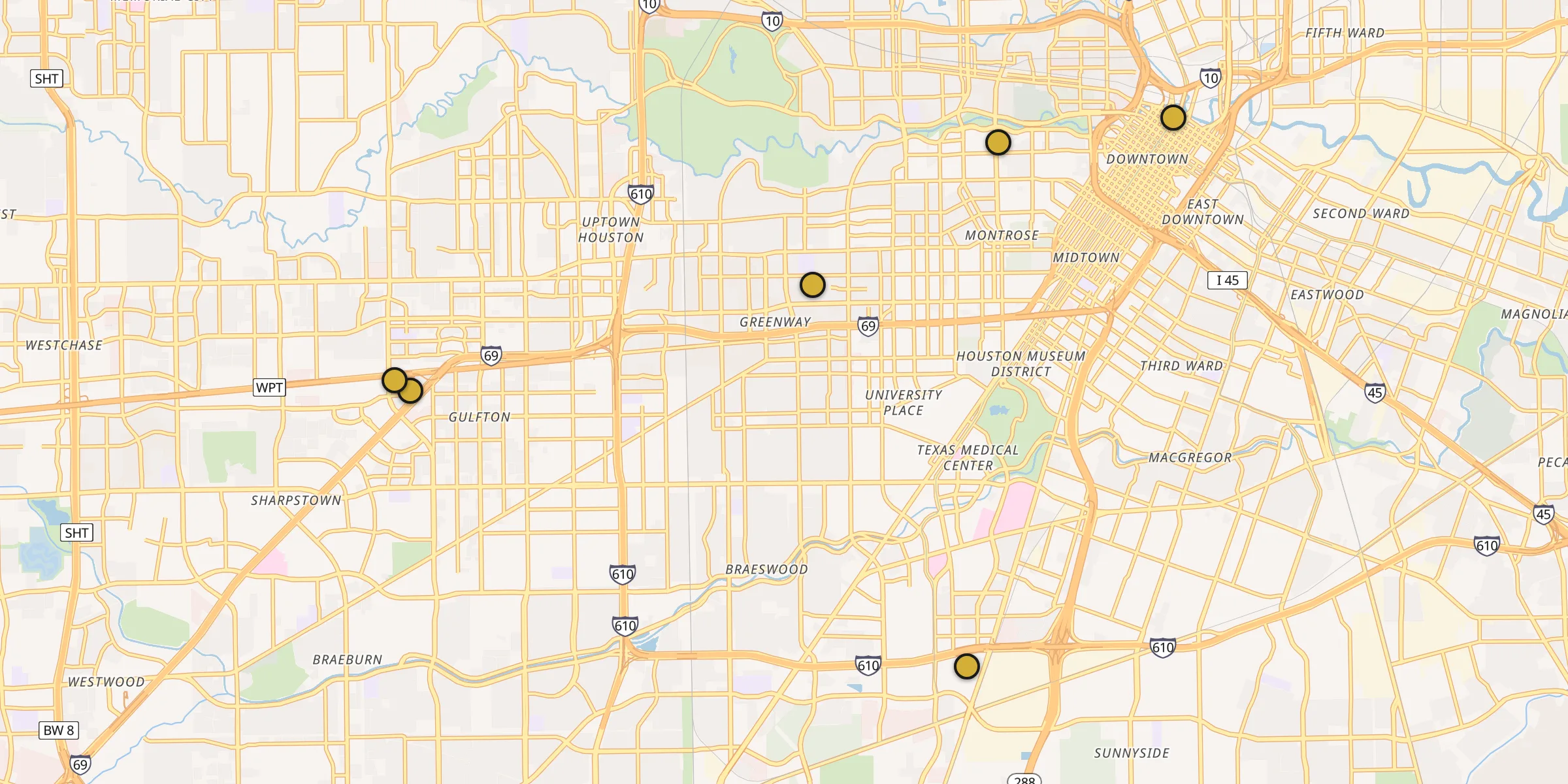 Plan des mosquées à Houston : cliquez sur un point pour voir la fiche