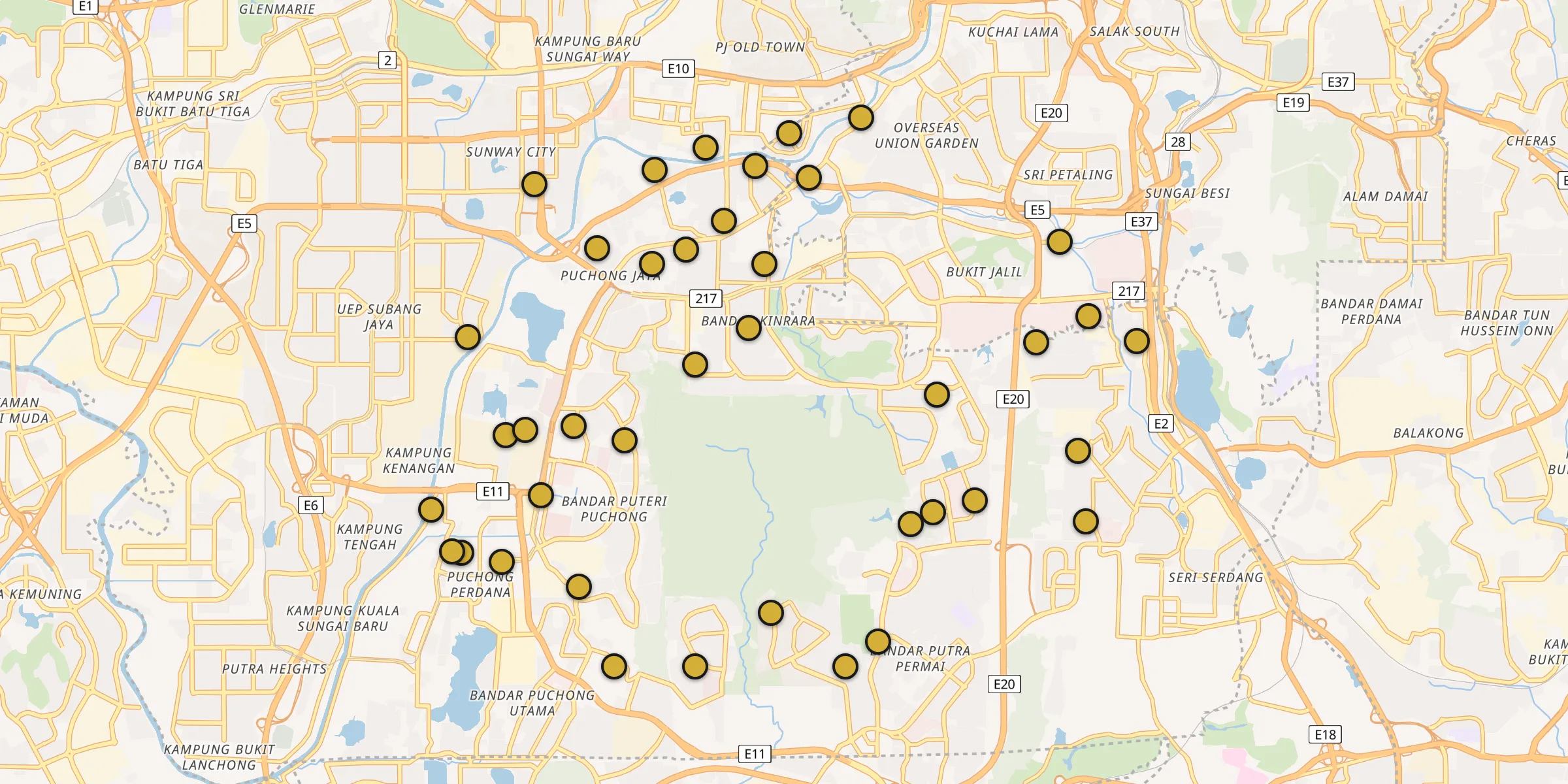 Plan des mosquées à Puchong : cliquez sur un point pour voir la fiche
