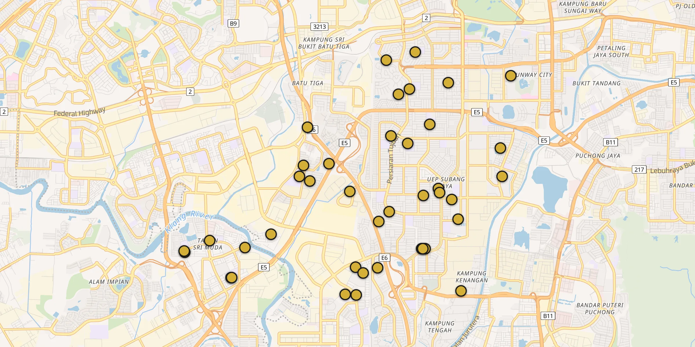 Plan des mosquées à Subang Jaya : cliquez sur un point pour voir la fiche