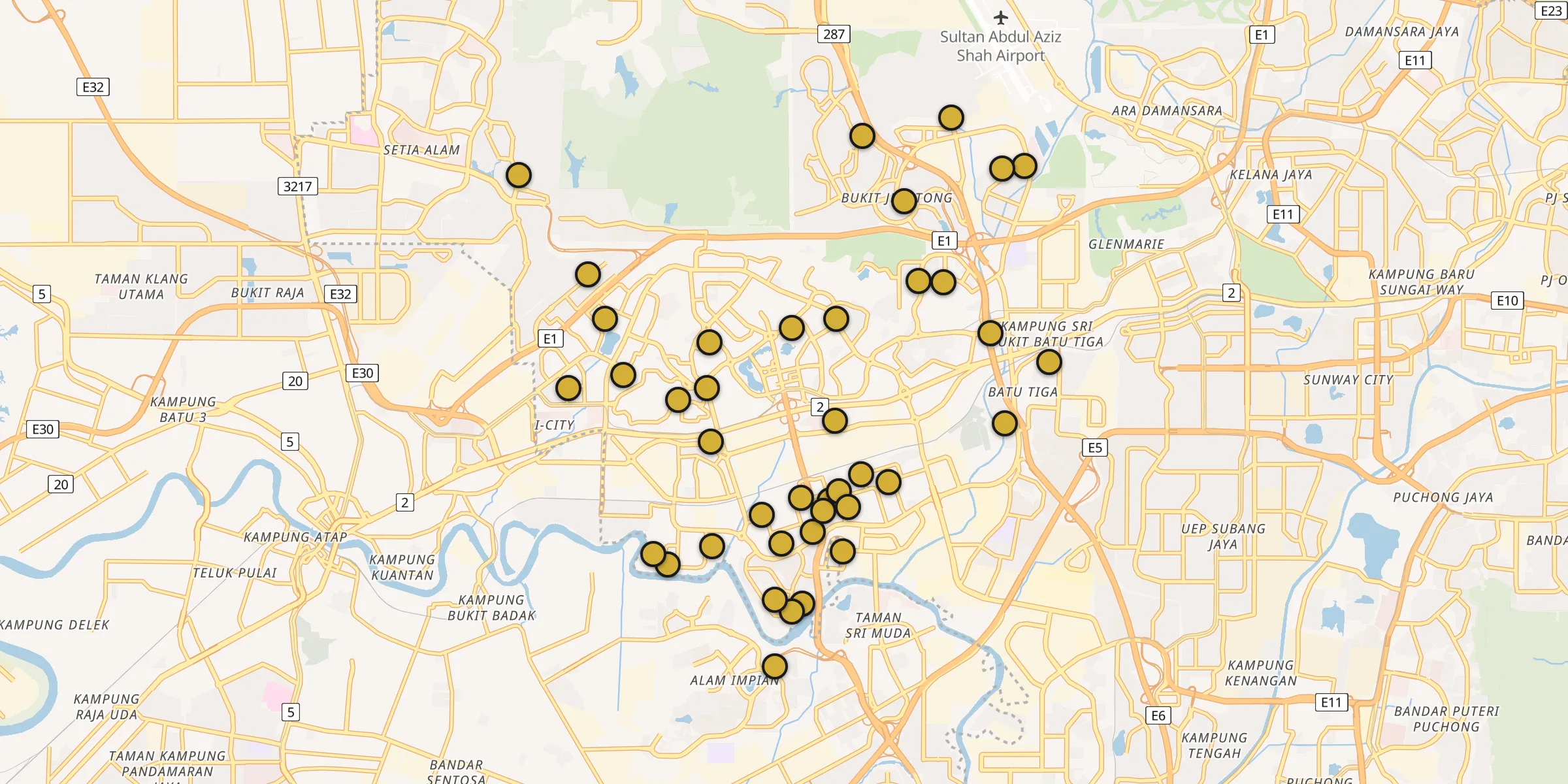 Plan des mosquées à Shah Alam : cliquez sur un point pour voir la fiche