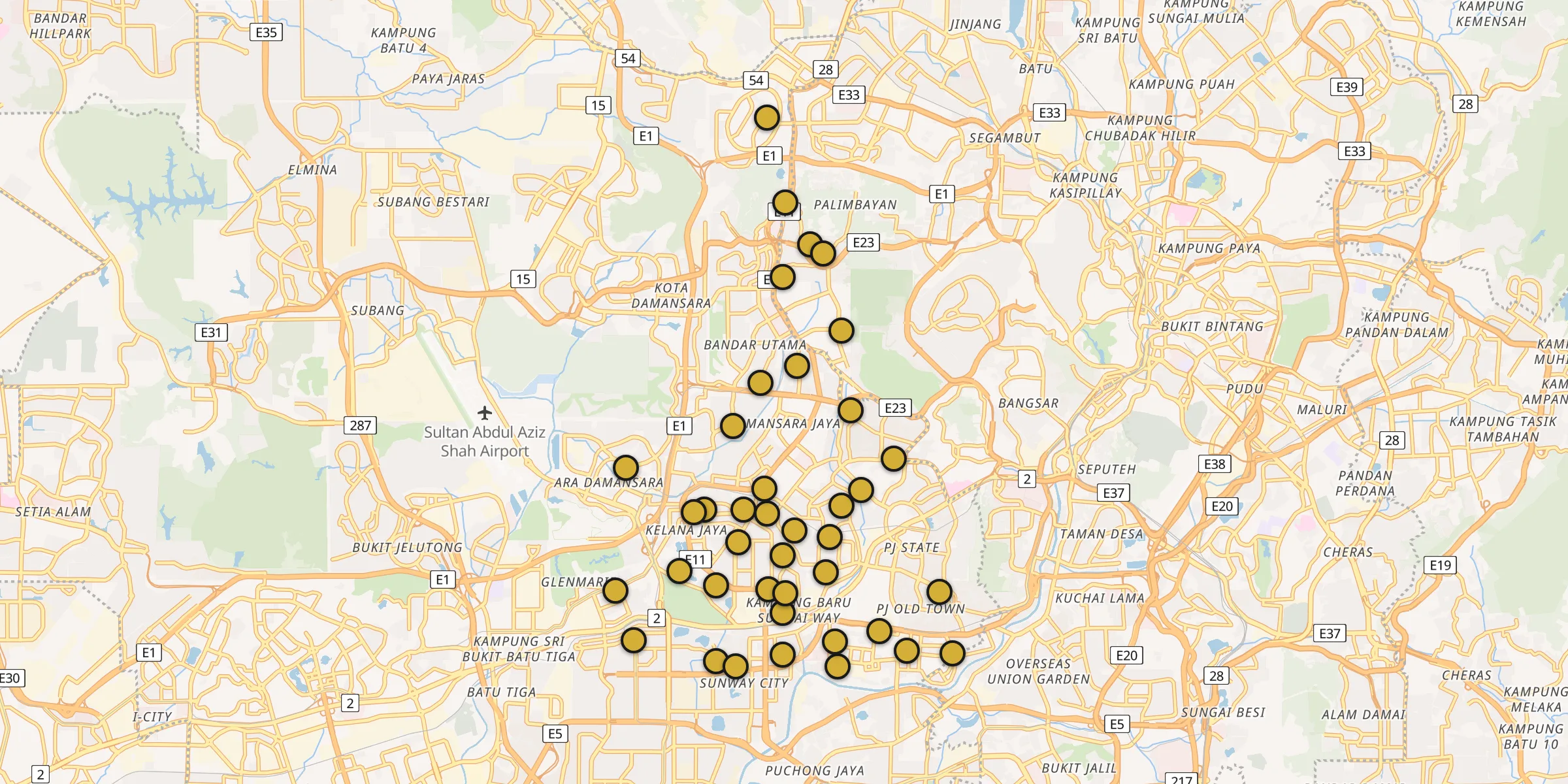 Plan des mosquées à Petaling Jaya : cliquez sur un point pour voir la fiche