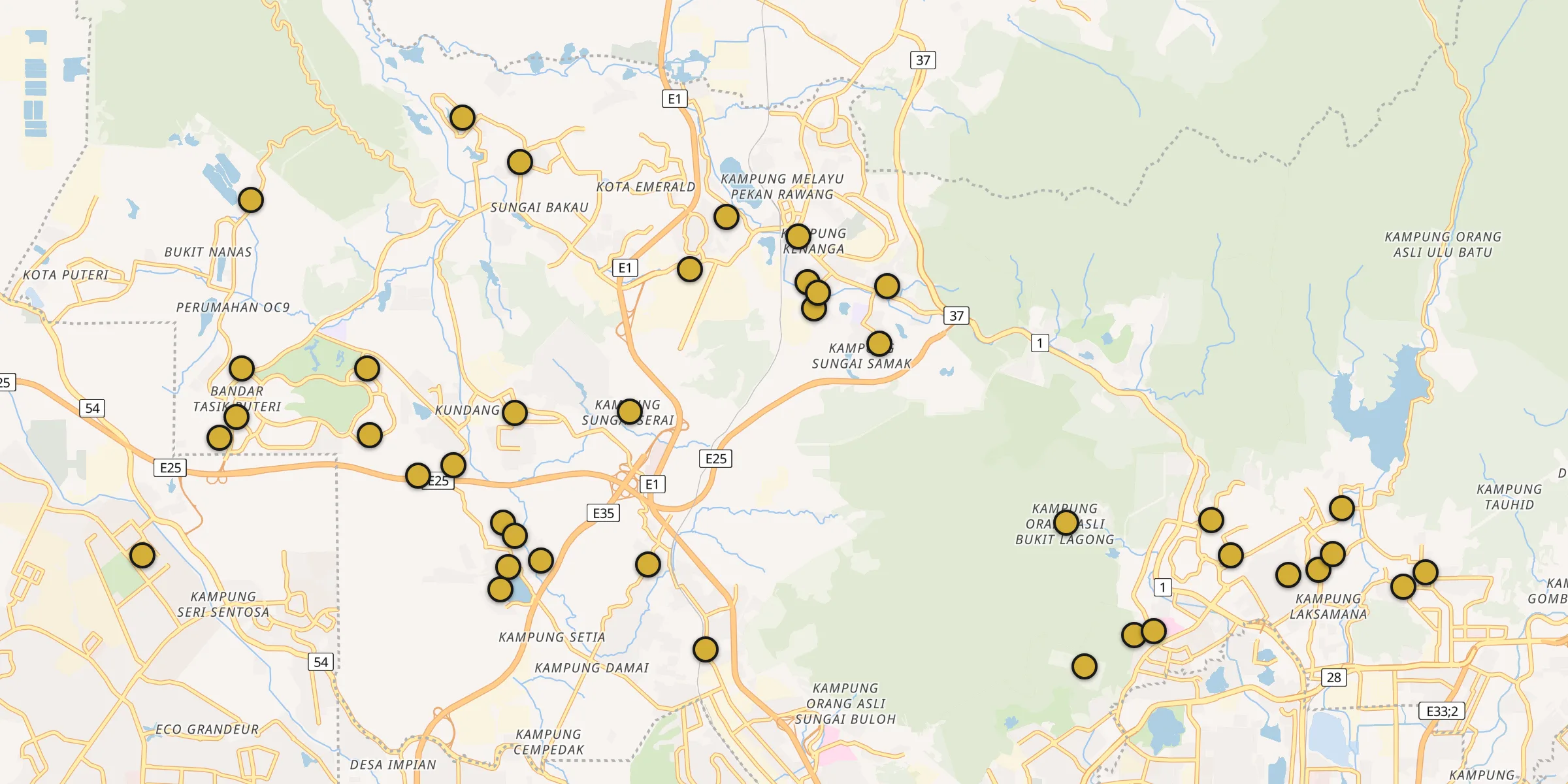 Plan des mosquées à Rawang : cliquez sur un point pour voir la fiche