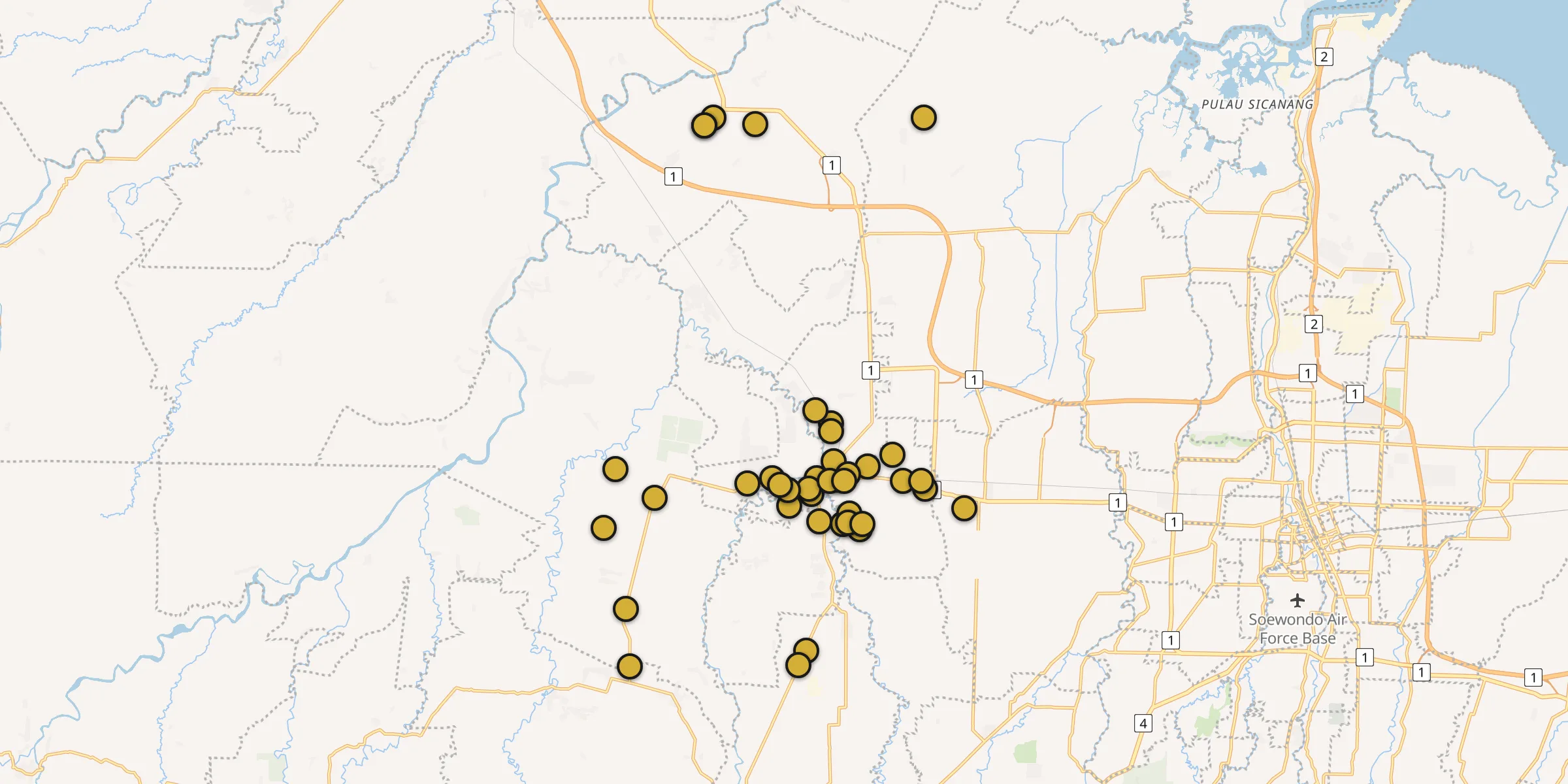 Plan des mosquées à Binjai : cliquez sur un point pour voir la fiche