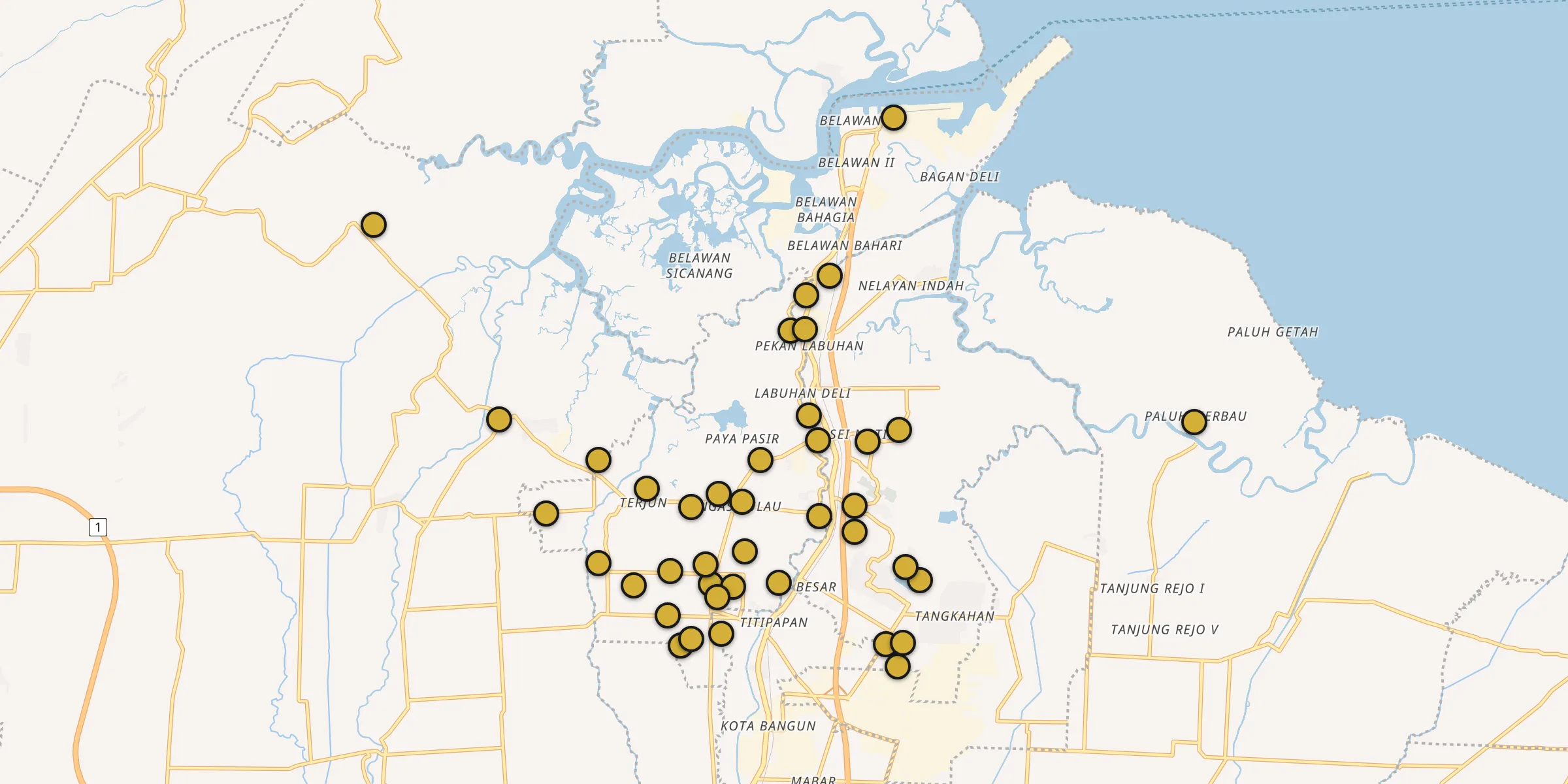 Plan des mosquées à Belawan : cliquez sur un point pour voir la fiche