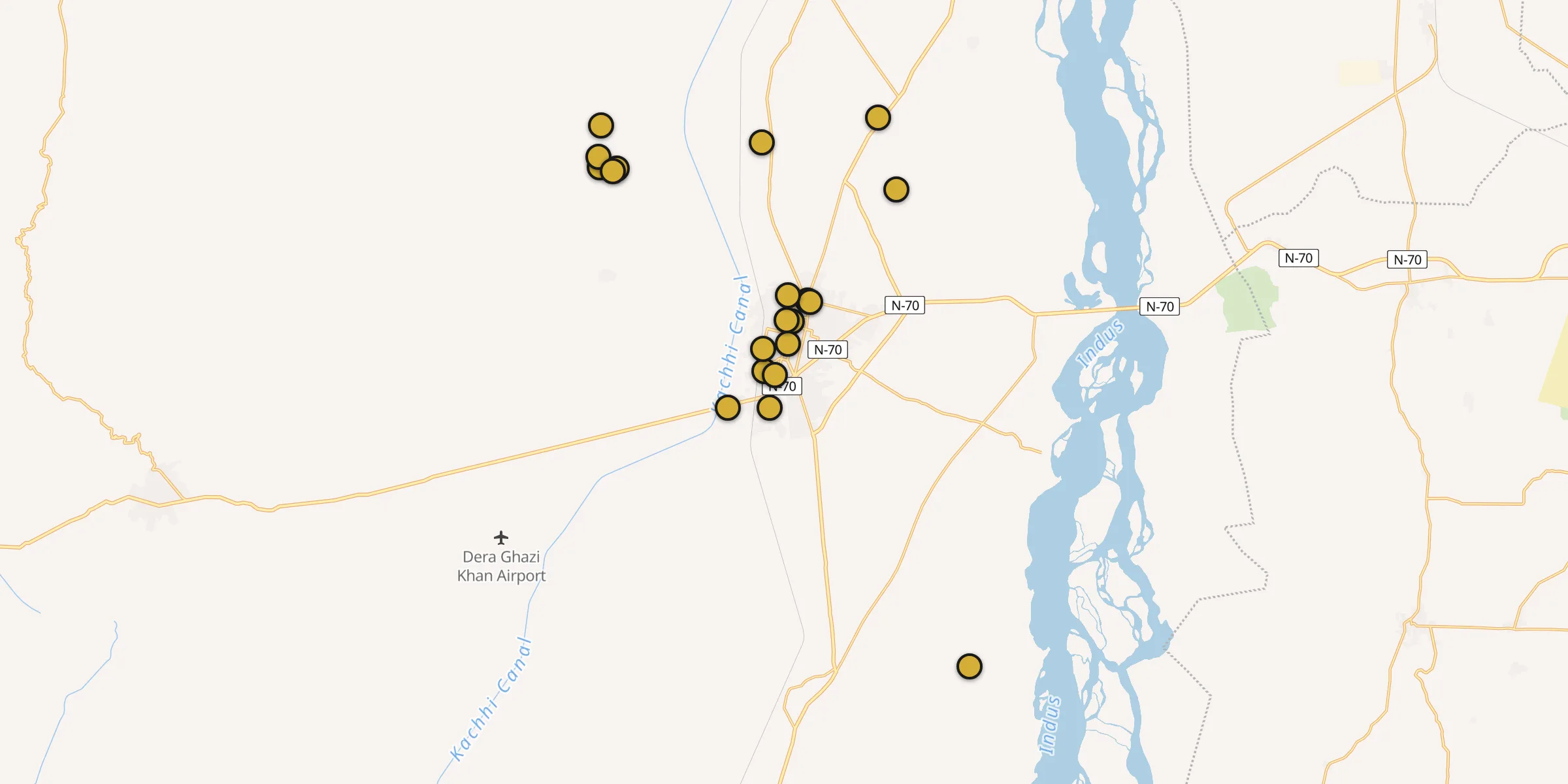Plan des mosquées à Dera Ghazi Khan : cliquez sur un point pour voir la fiche