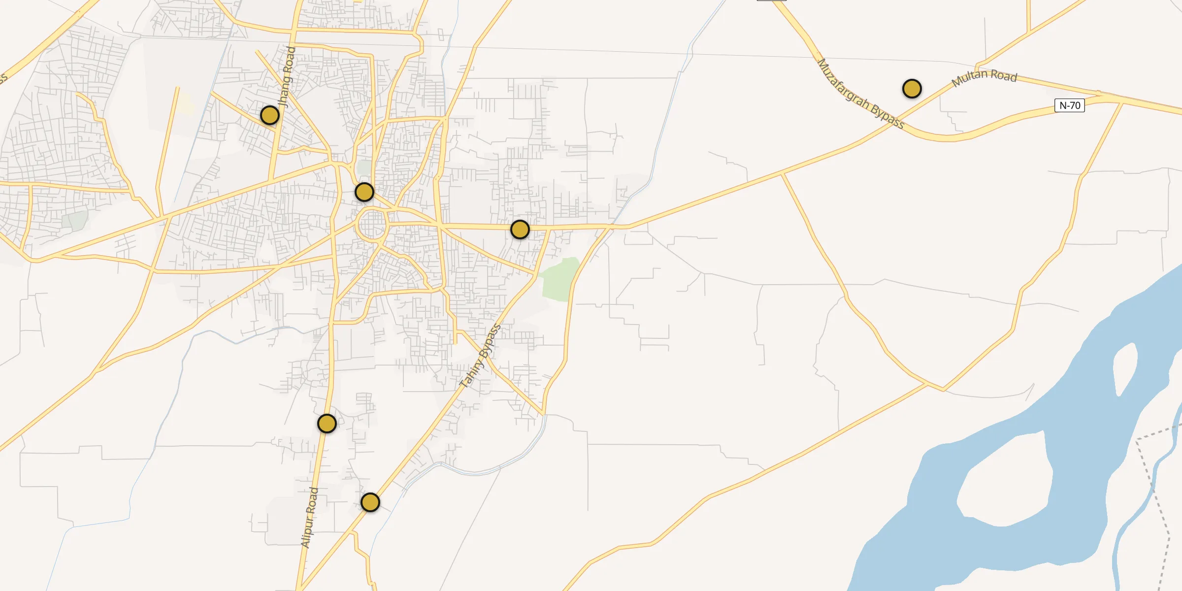 Plan des mosquées à Muzaffargarh : cliquez sur un point pour voir la fiche