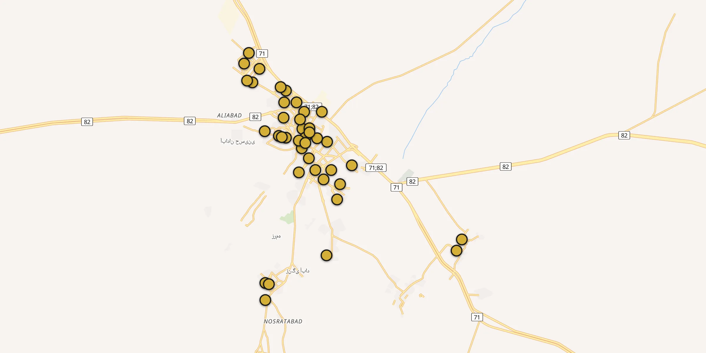 Plan des mosquées à Shahrbabak : cliquez sur un point pour voir la fiche