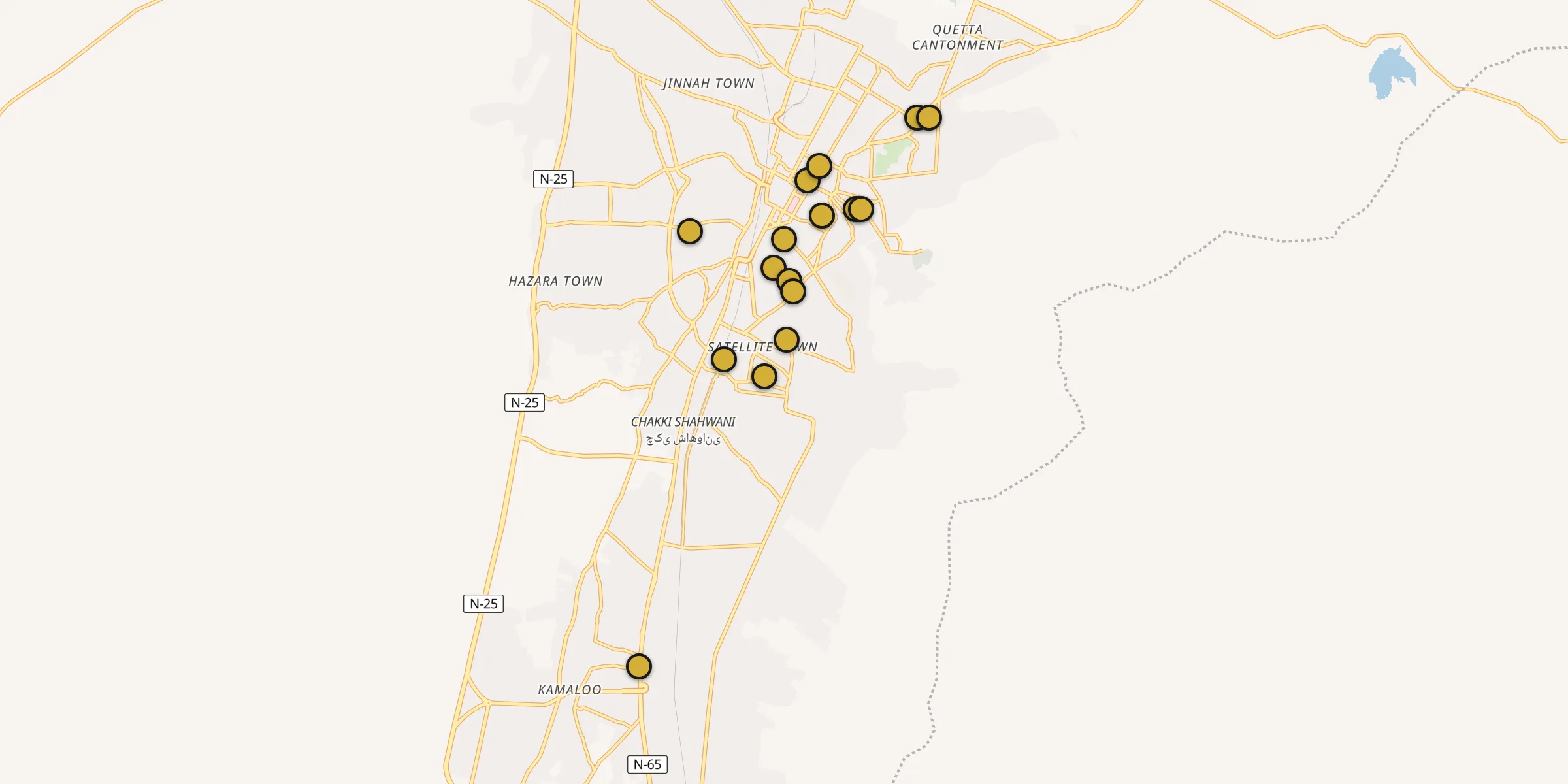 Plan des mosquées à Quetta : cliquez sur un point pour voir la fiche