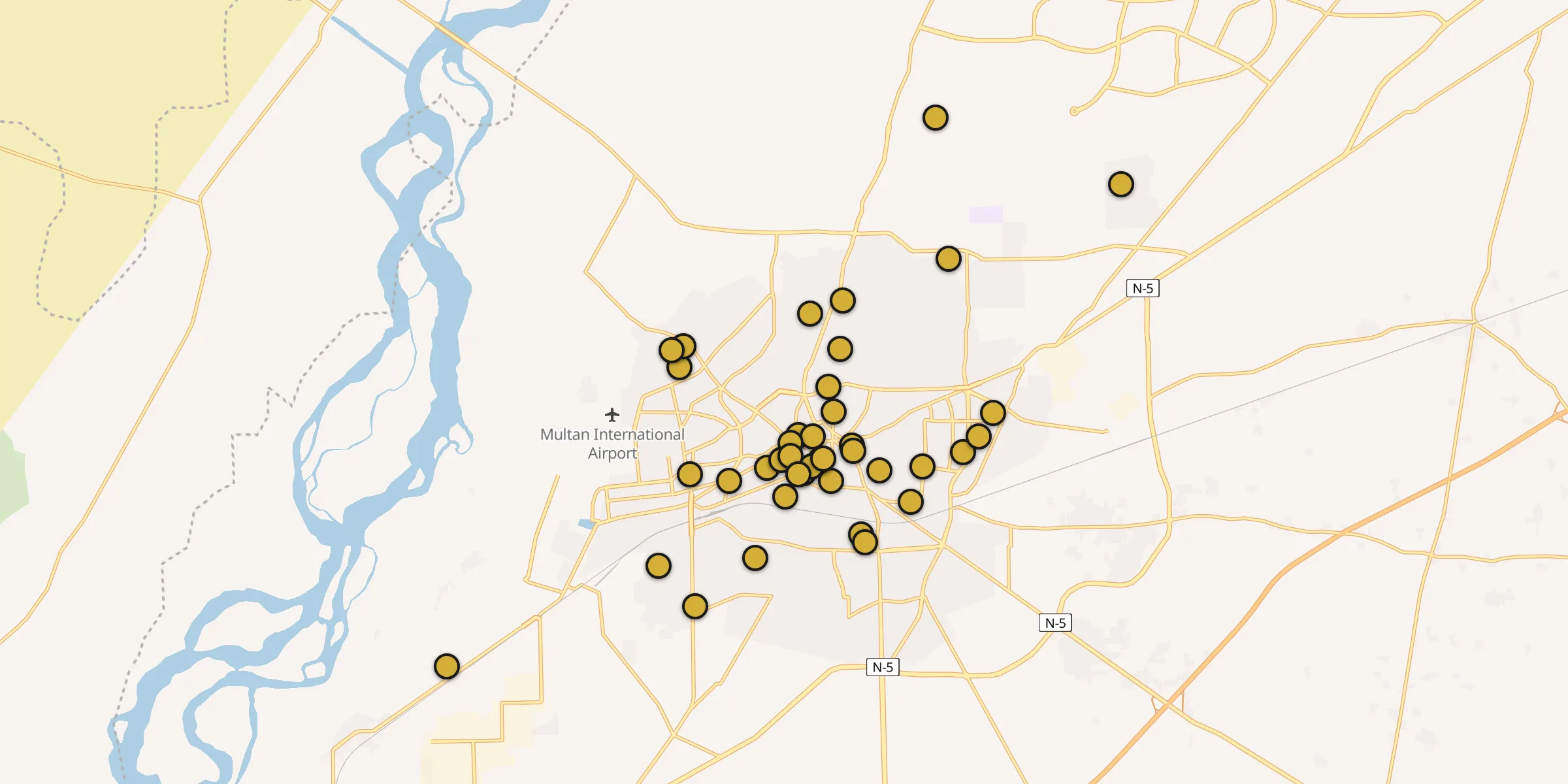 Plan des mosquées à Multan : cliquez sur un point pour voir la fiche