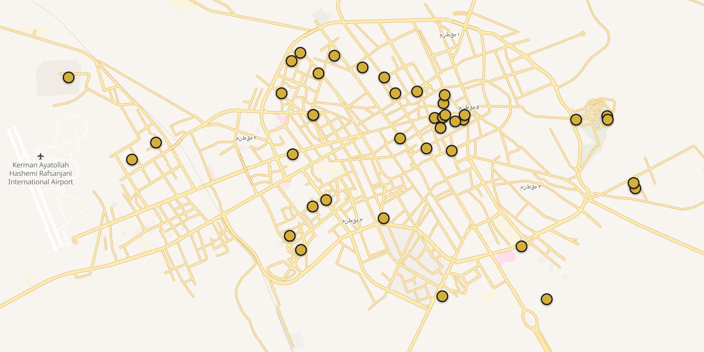 Plan des mosquées à Kerman : cliquez sur un point pour voir la fiche