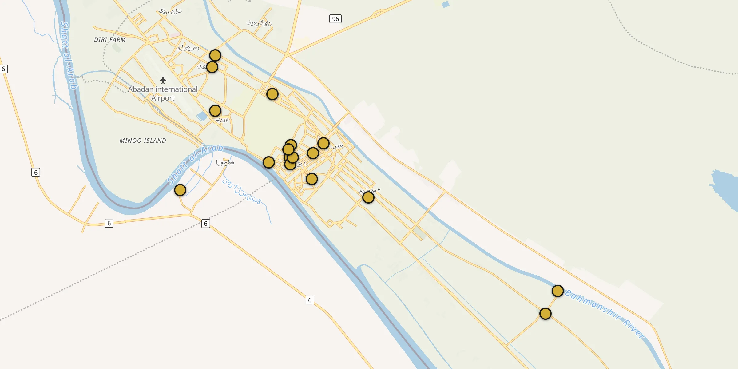 Plan des mosquées à Abadan : cliquez sur un point pour voir la fiche