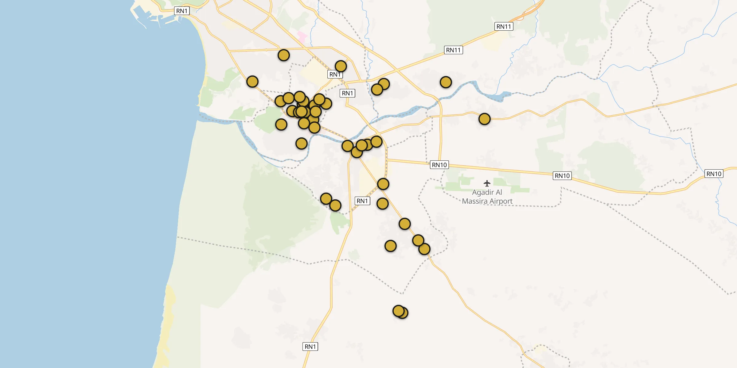 Plan des mosquées à Inezgane : cliquez sur un point pour voir la fiche