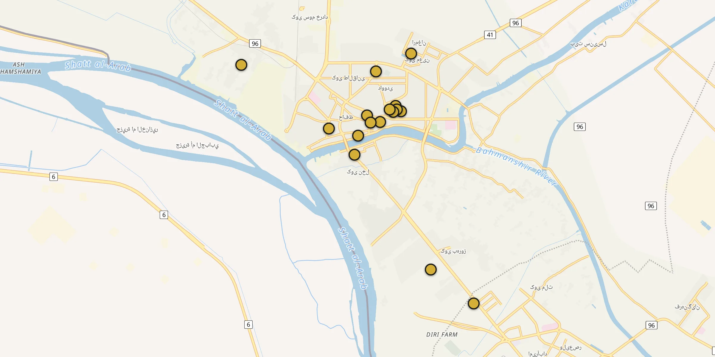 Plan des mosquées à Khorramshahr : cliquez sur un point pour voir la fiche