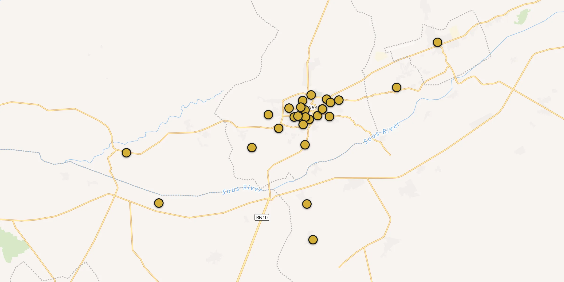 Plan des mosquées à Taroudant : cliquez sur un point pour voir la fiche