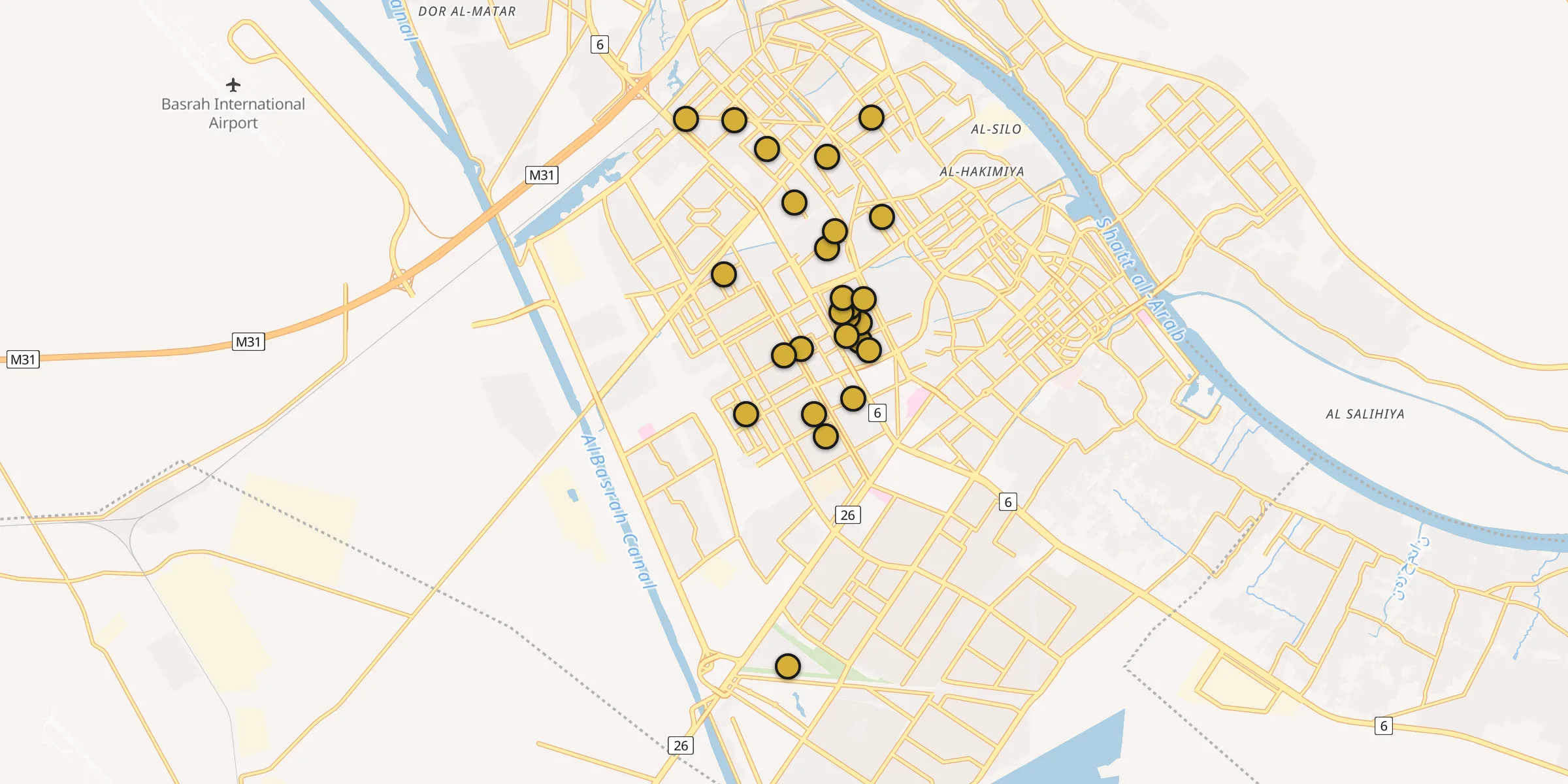 Plan des mosquées à Bassorah : cliquez sur un point pour voir la fiche