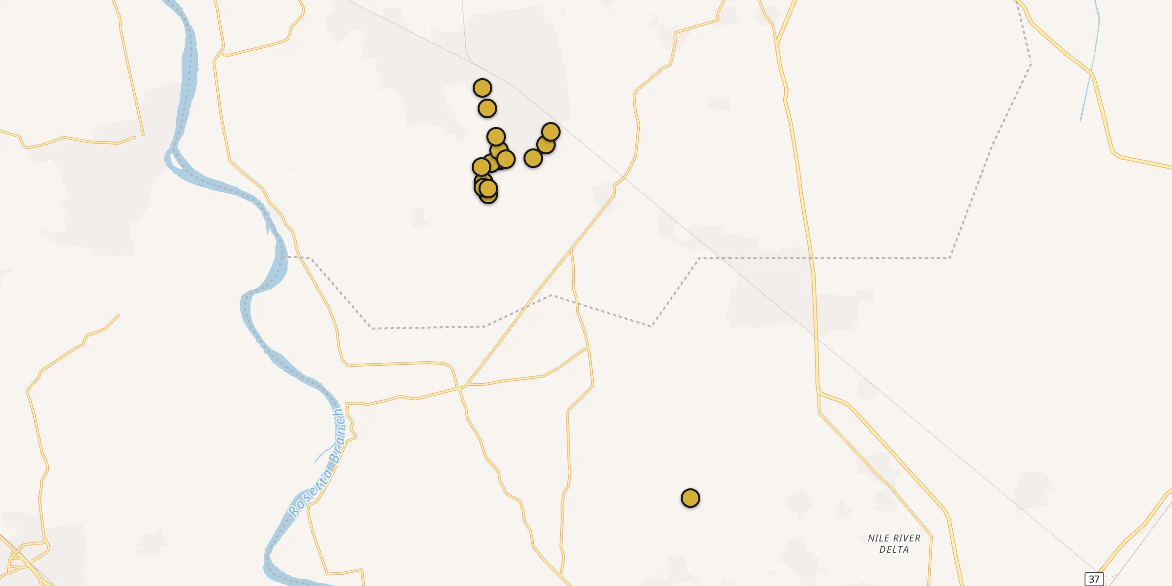 Plan des mosquées à Basyūn : cliquez sur un point pour voir la fiche