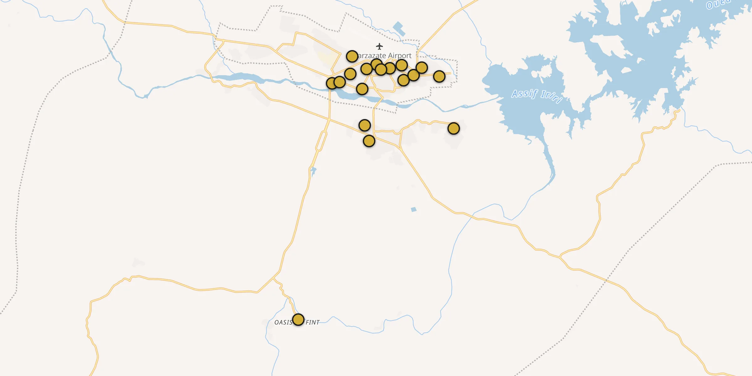 Plan des mosquées à Ouarzazate : cliquez sur un point pour voir la fiche