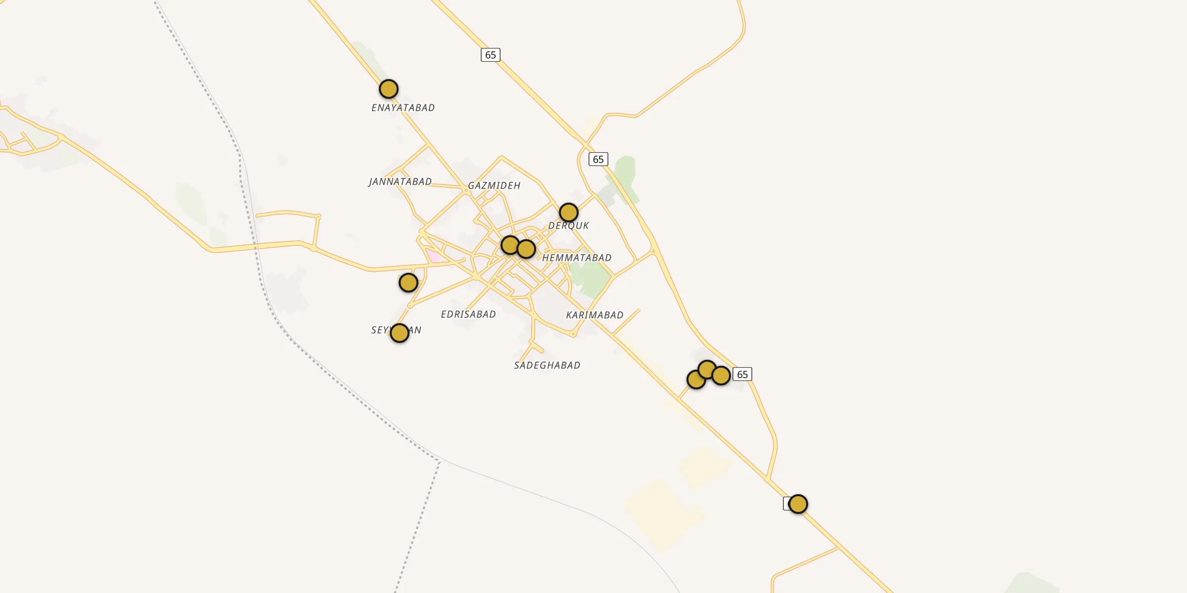 Plan des mosquées à Abadeh : cliquez sur un point pour voir la fiche