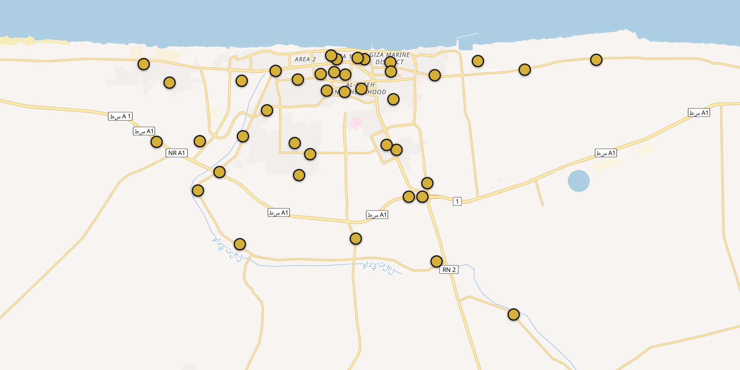 Plan des mosquées à Syrte : cliquez sur un point pour voir la fiche