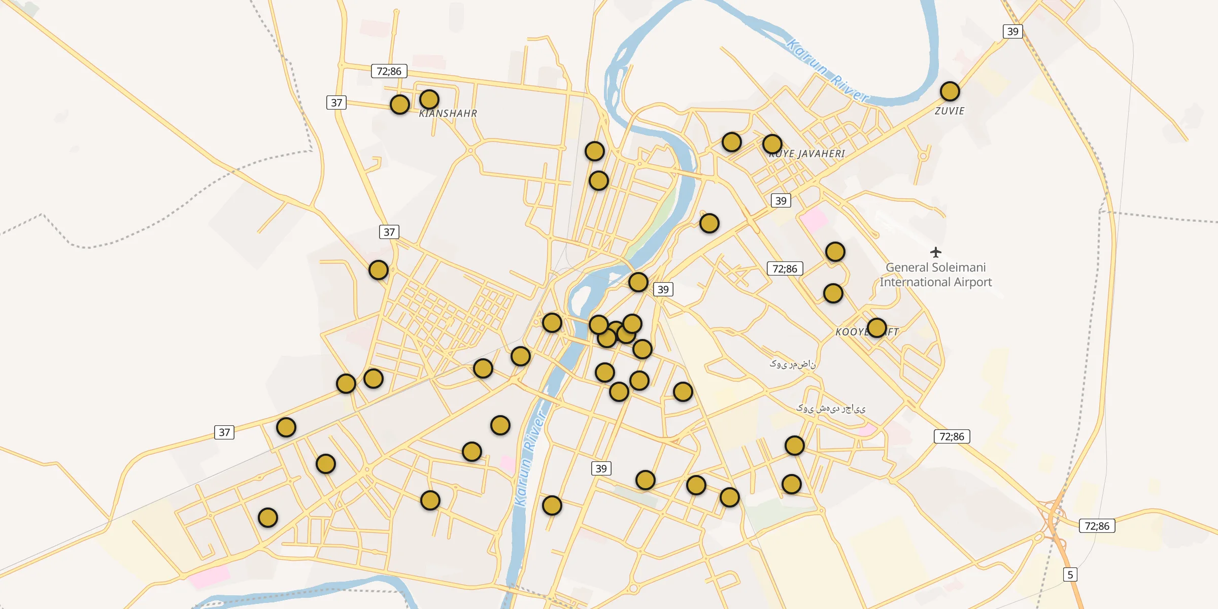 Plan des mosquées à Ahvaz : cliquez sur un point pour voir la fiche