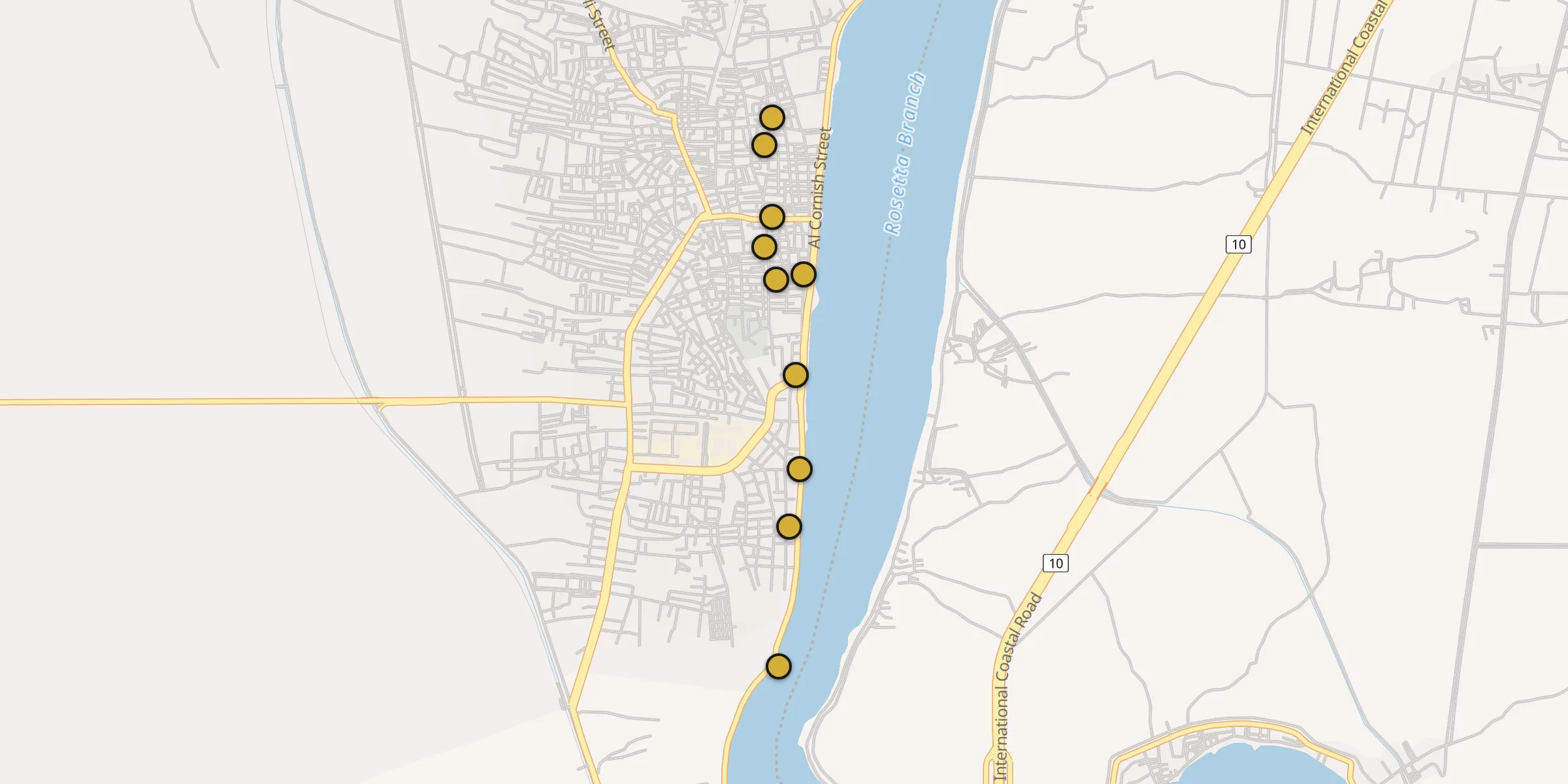 Plan des mosquées à Rosette : cliquez sur un point pour voir la fiche