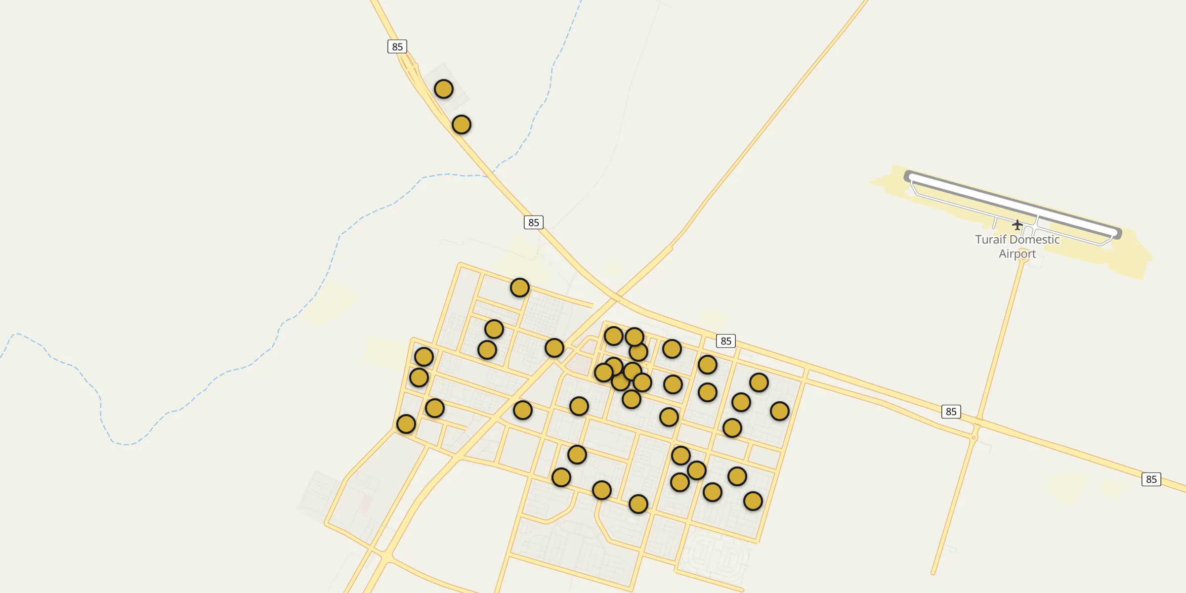 Plan des mosquées à Turaif : cliquez sur un point pour voir la fiche