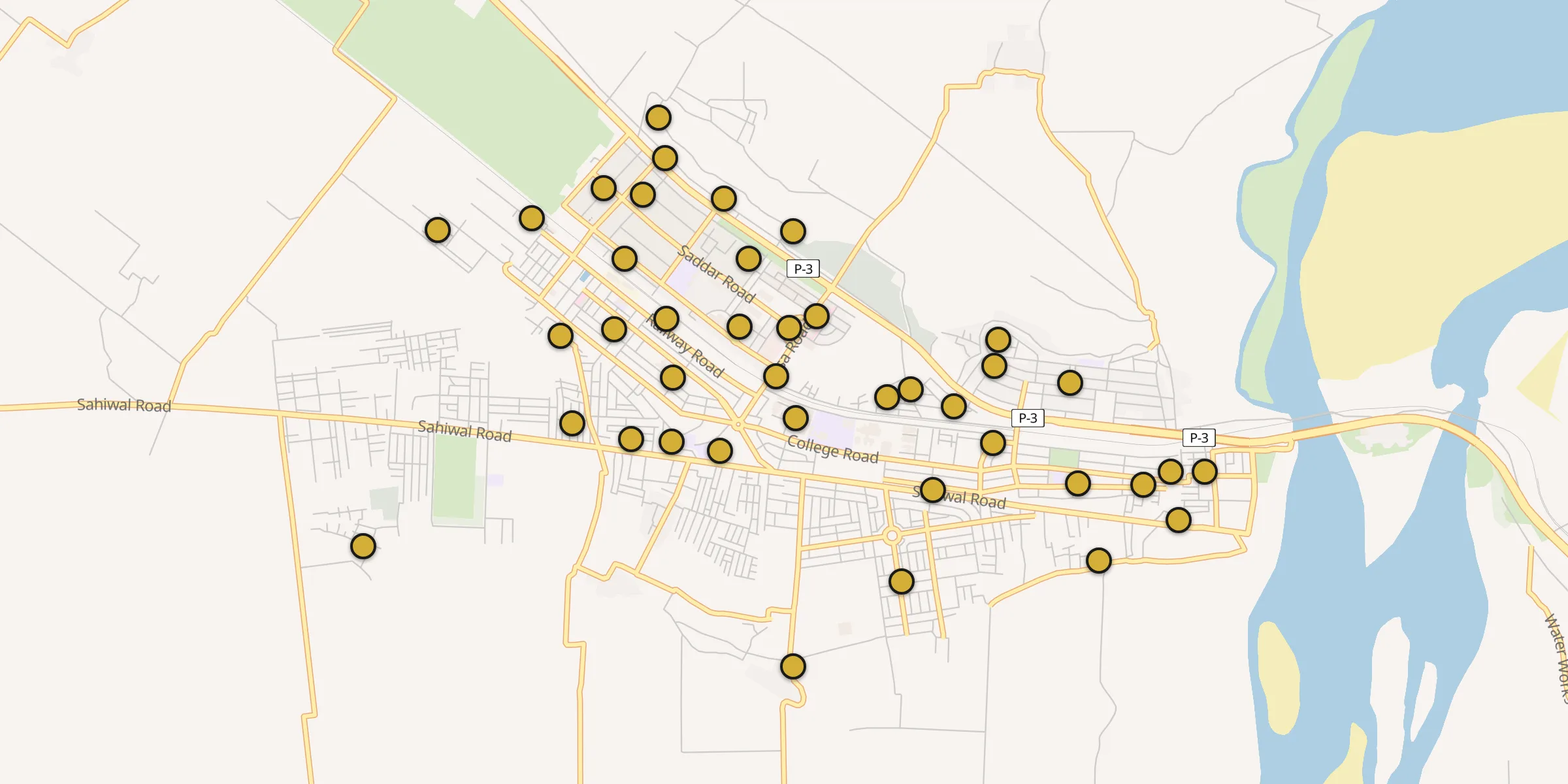 Plan des mosquées à Rabwah : cliquez sur un point pour voir la fiche