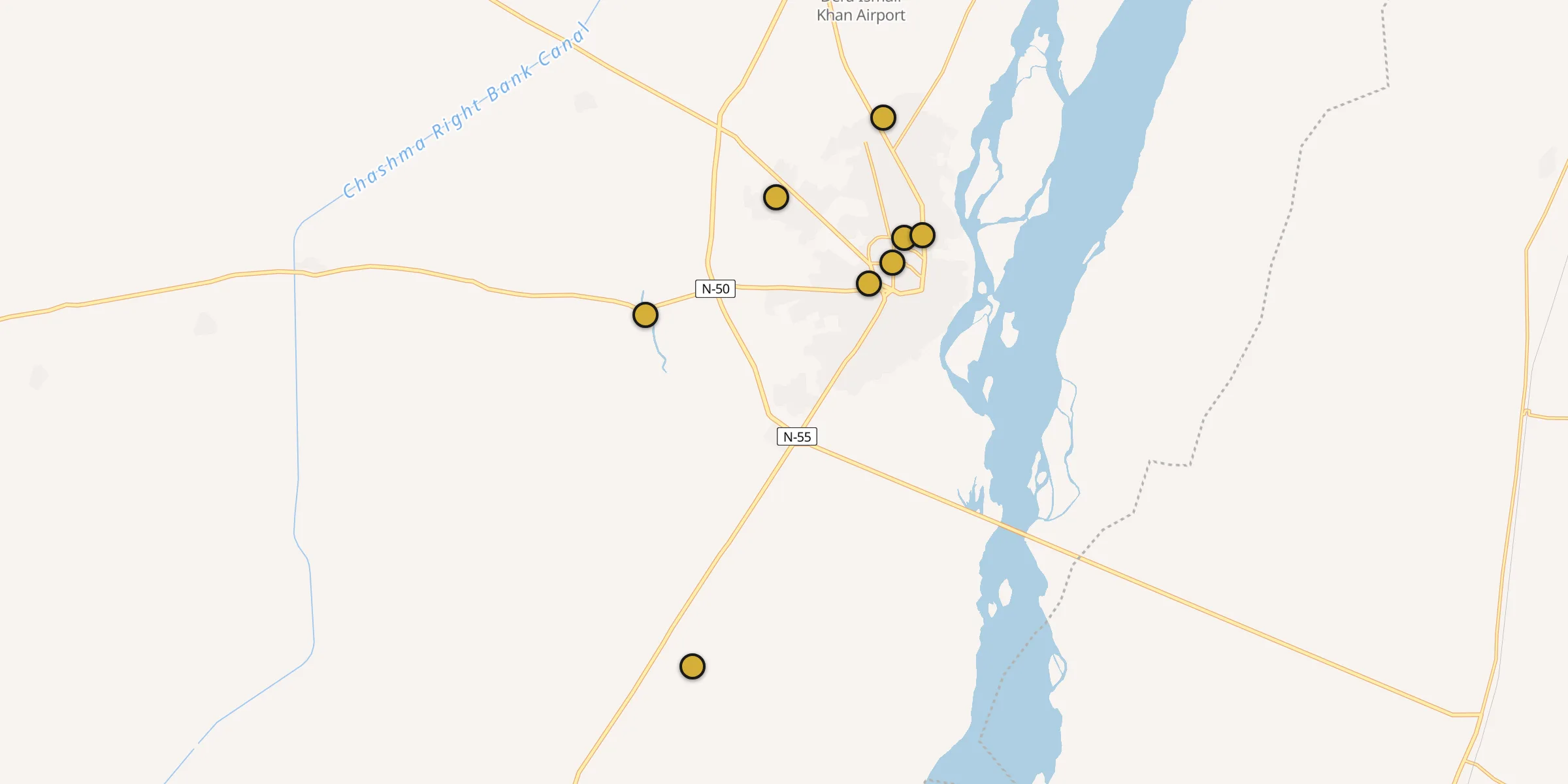 Plan des mosquées à Dera Ismail Khan : cliquez sur un point pour voir la fiche