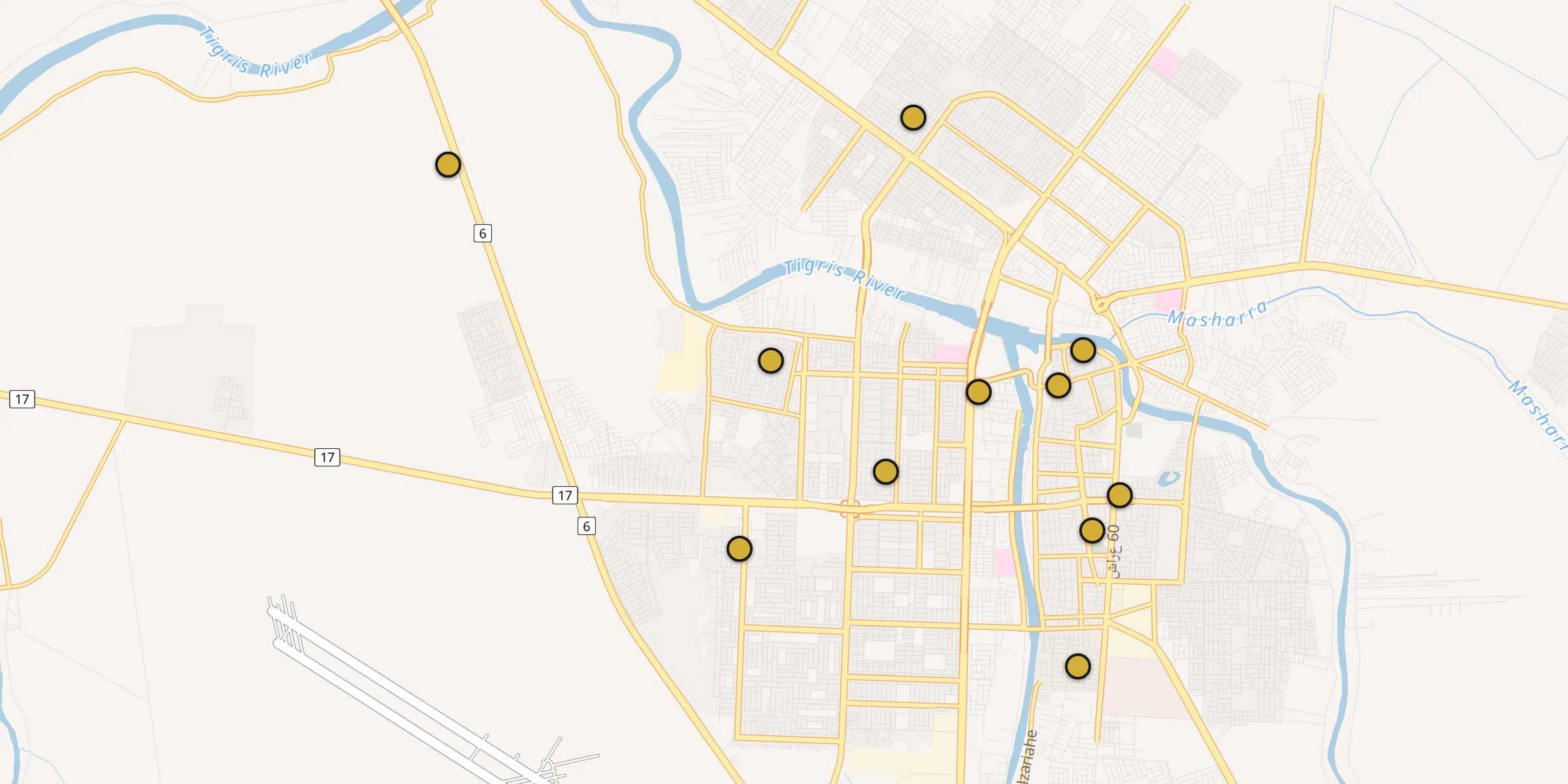 Plan des mosquées à Amarah : cliquez sur un point pour voir la fiche