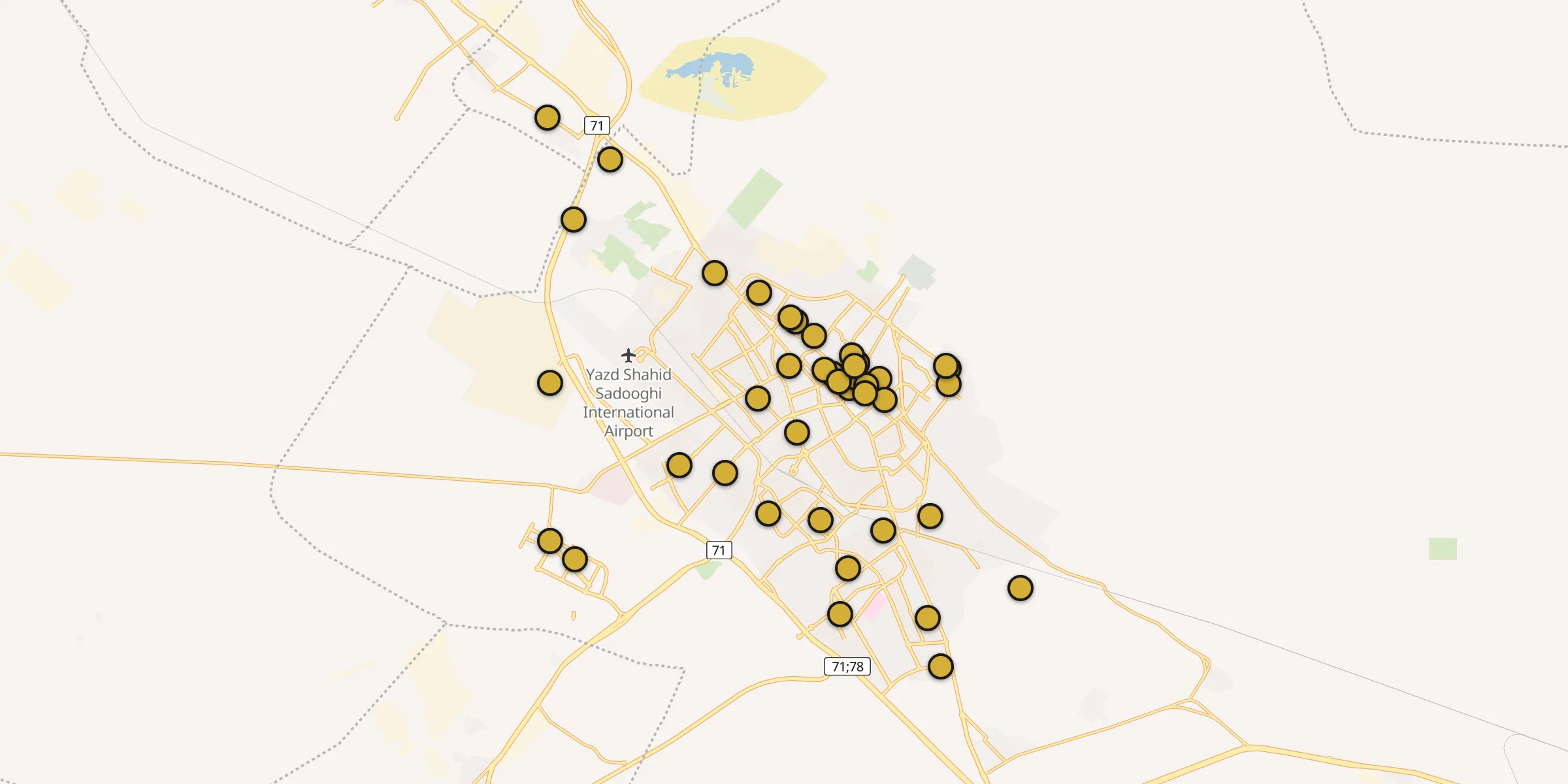 Plan des mosquées à Yazd : cliquez sur un point pour voir la fiche