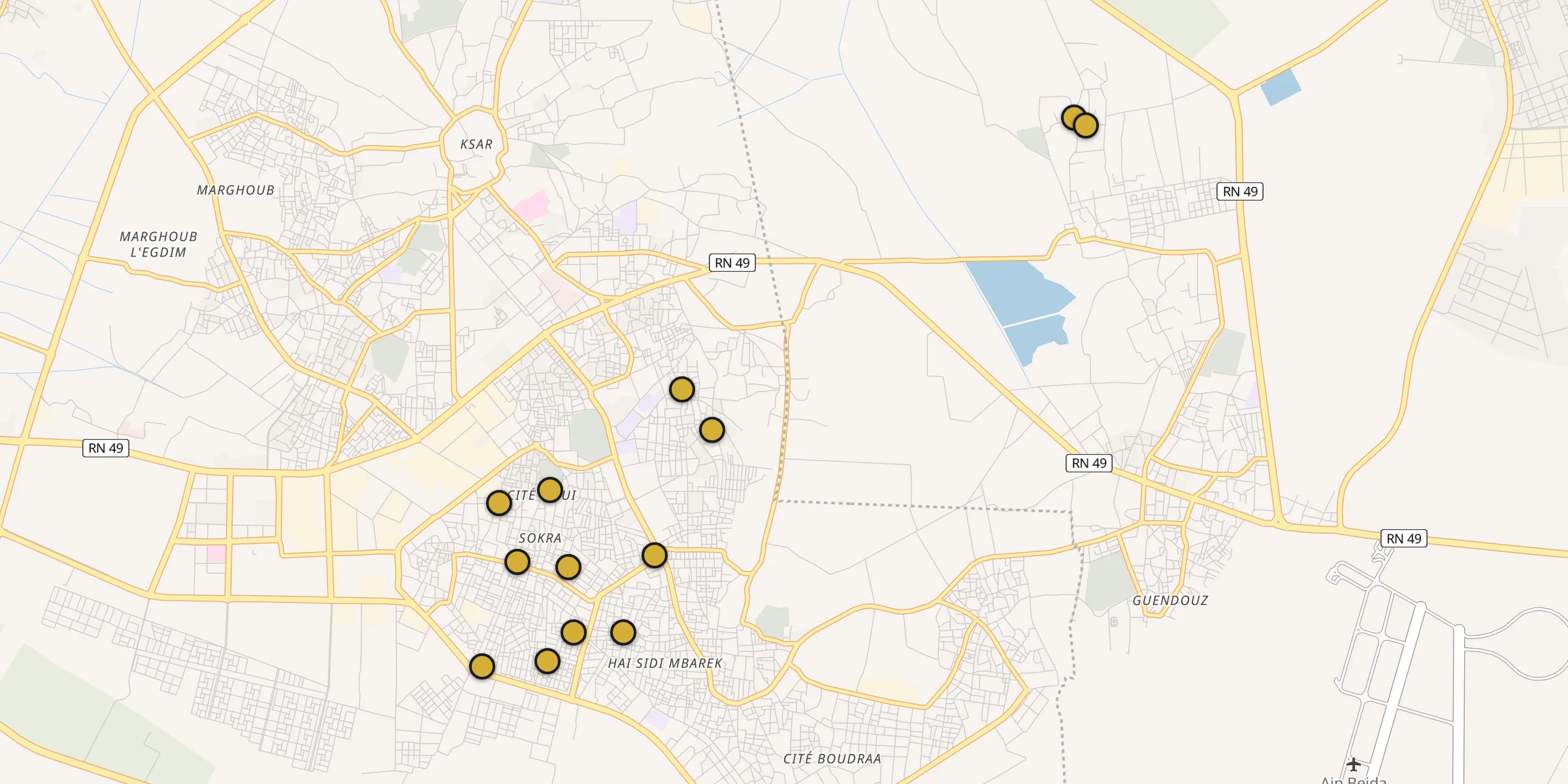 Plan des mosquées à Rouissat : cliquez sur un point pour voir la fiche