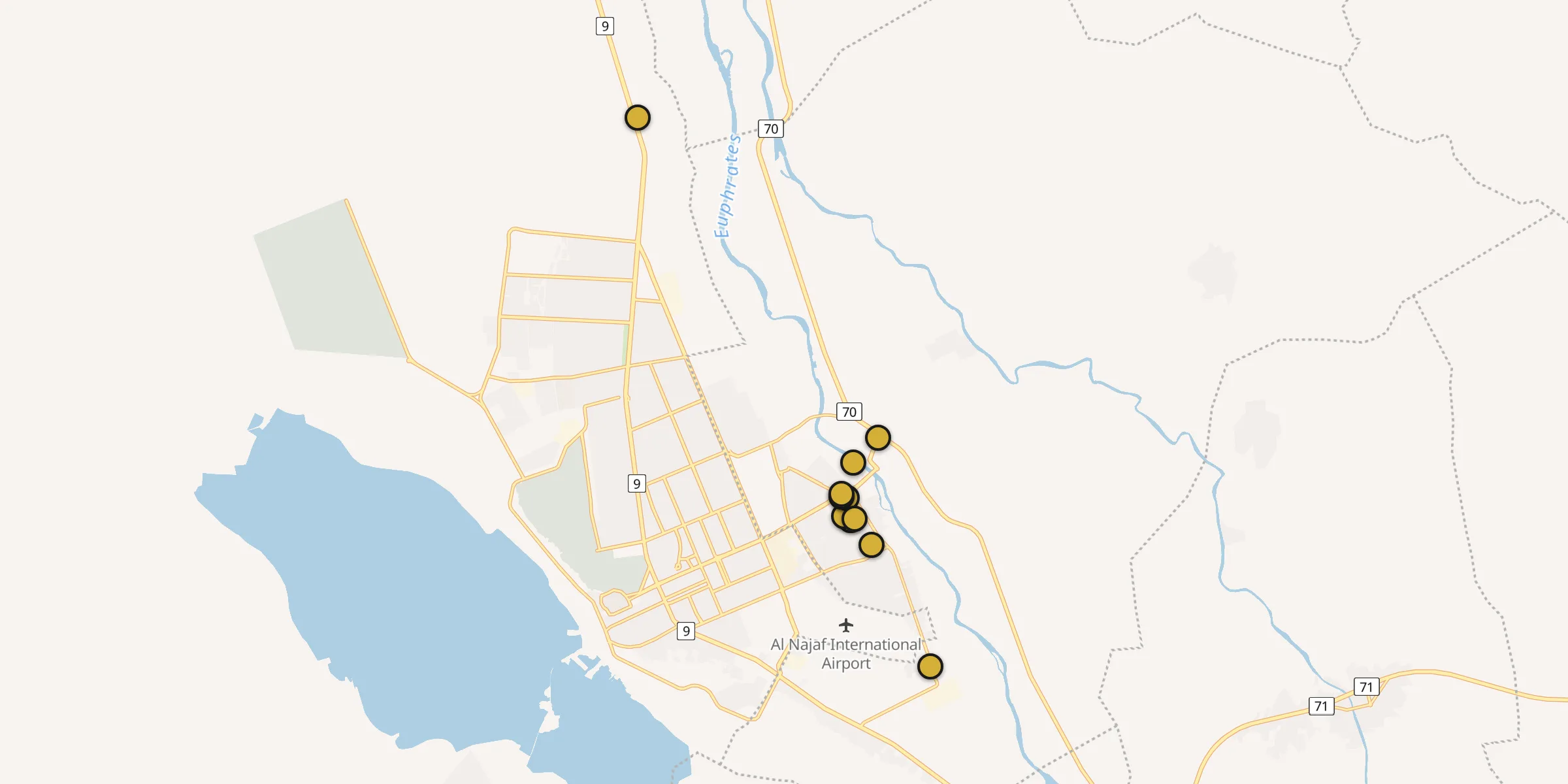 Plan des mosquées à Koufa : cliquez sur un point pour voir la fiche