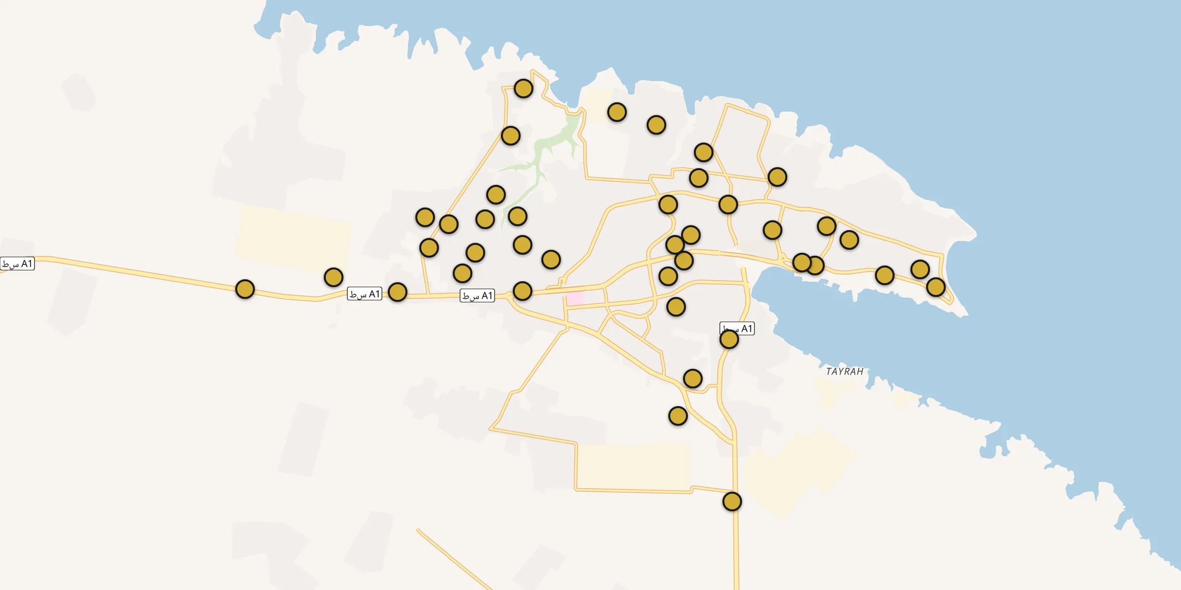 Plan des mosquées à Tobrouk : cliquez sur un point pour voir la fiche