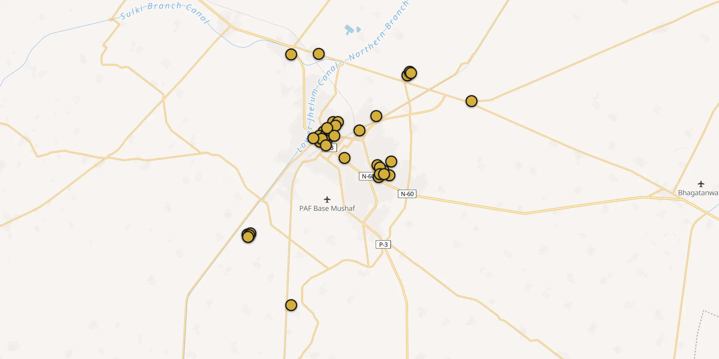 Plan des mosquées à Sargodha : cliquez sur un point pour voir la fiche