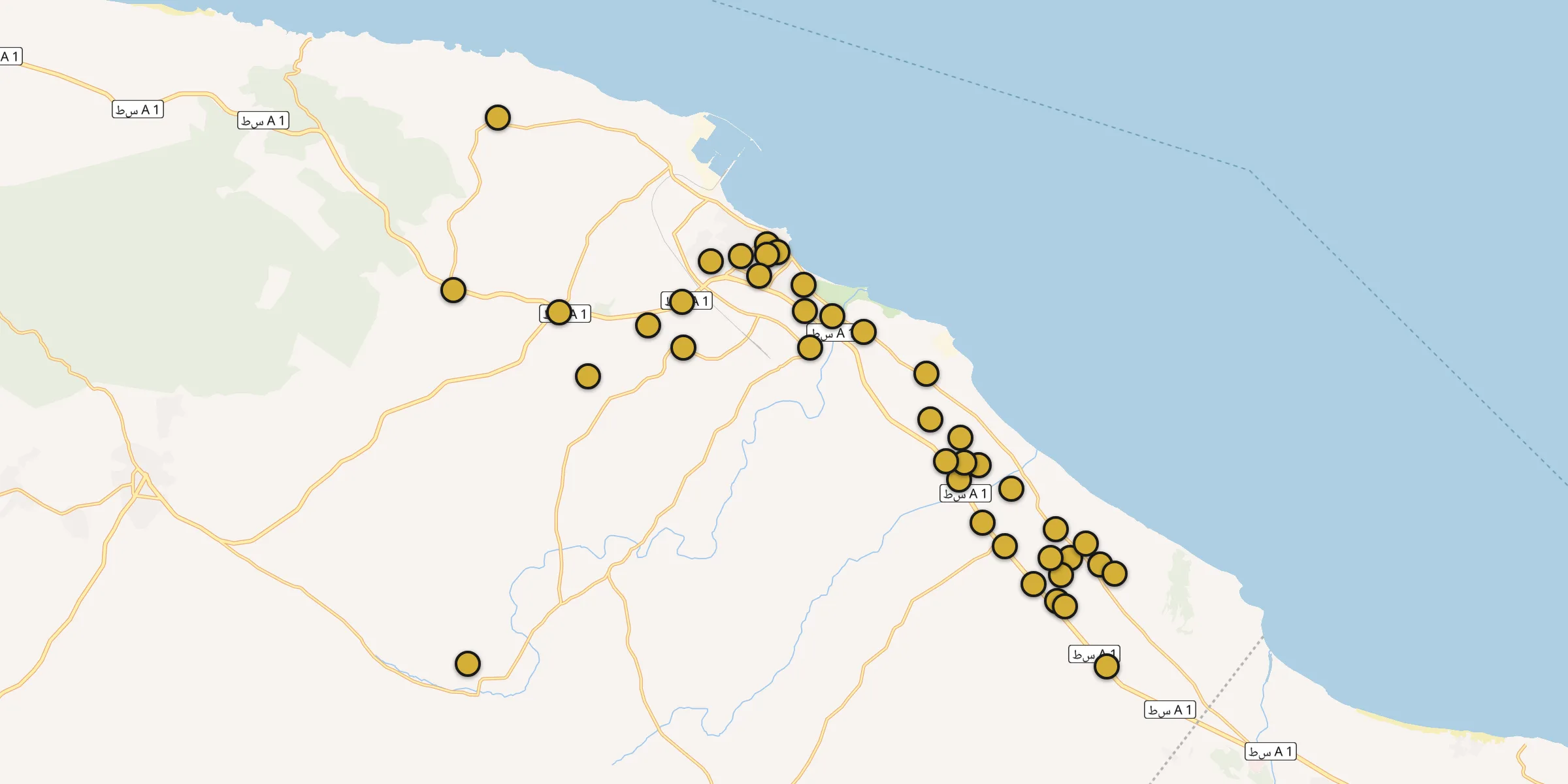 Plan des mosquées à Al Khums : cliquez sur un point pour voir la fiche