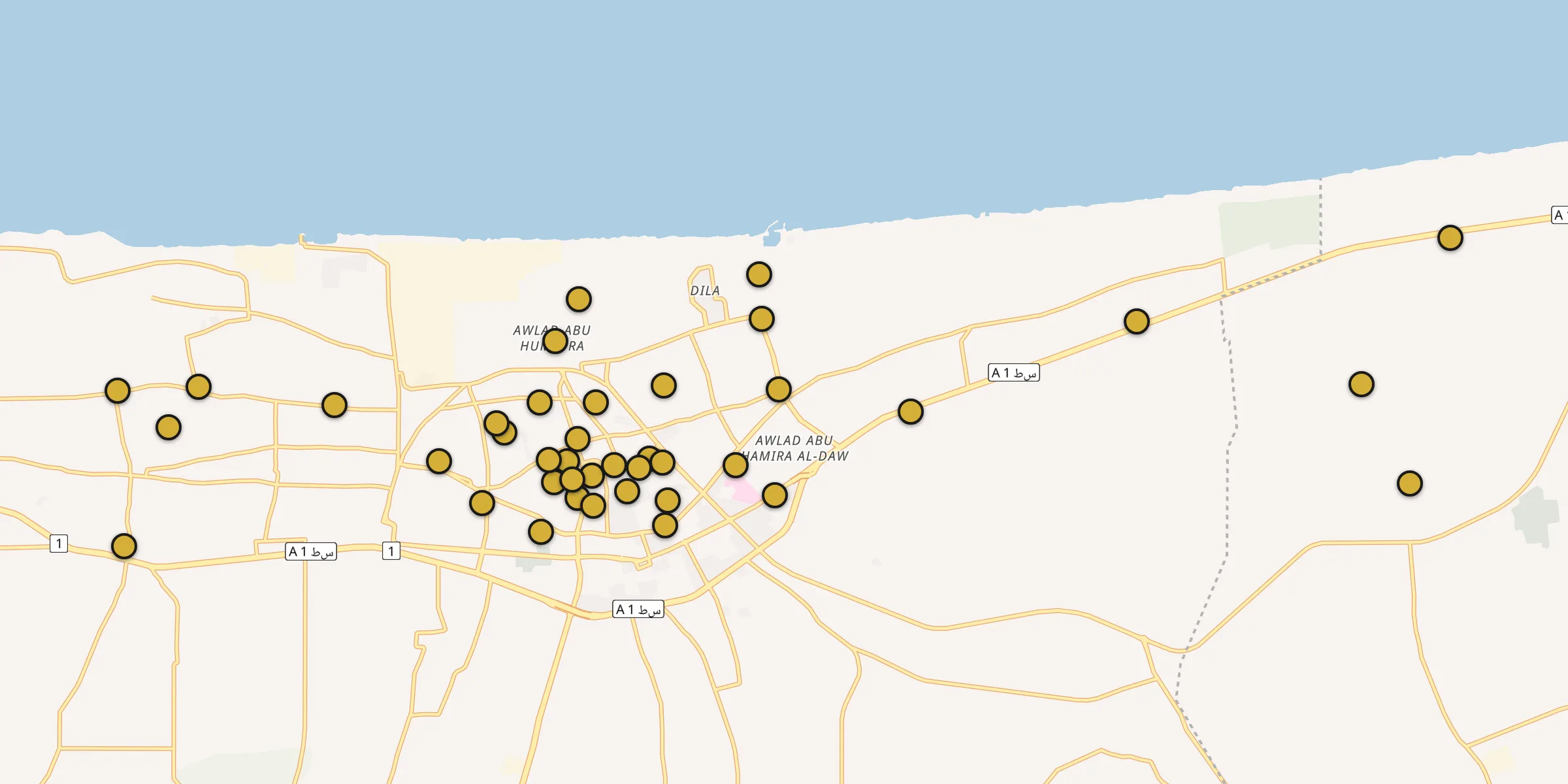 Plan des mosquées à Az Zāwīyah : cliquez sur un point pour voir la fiche